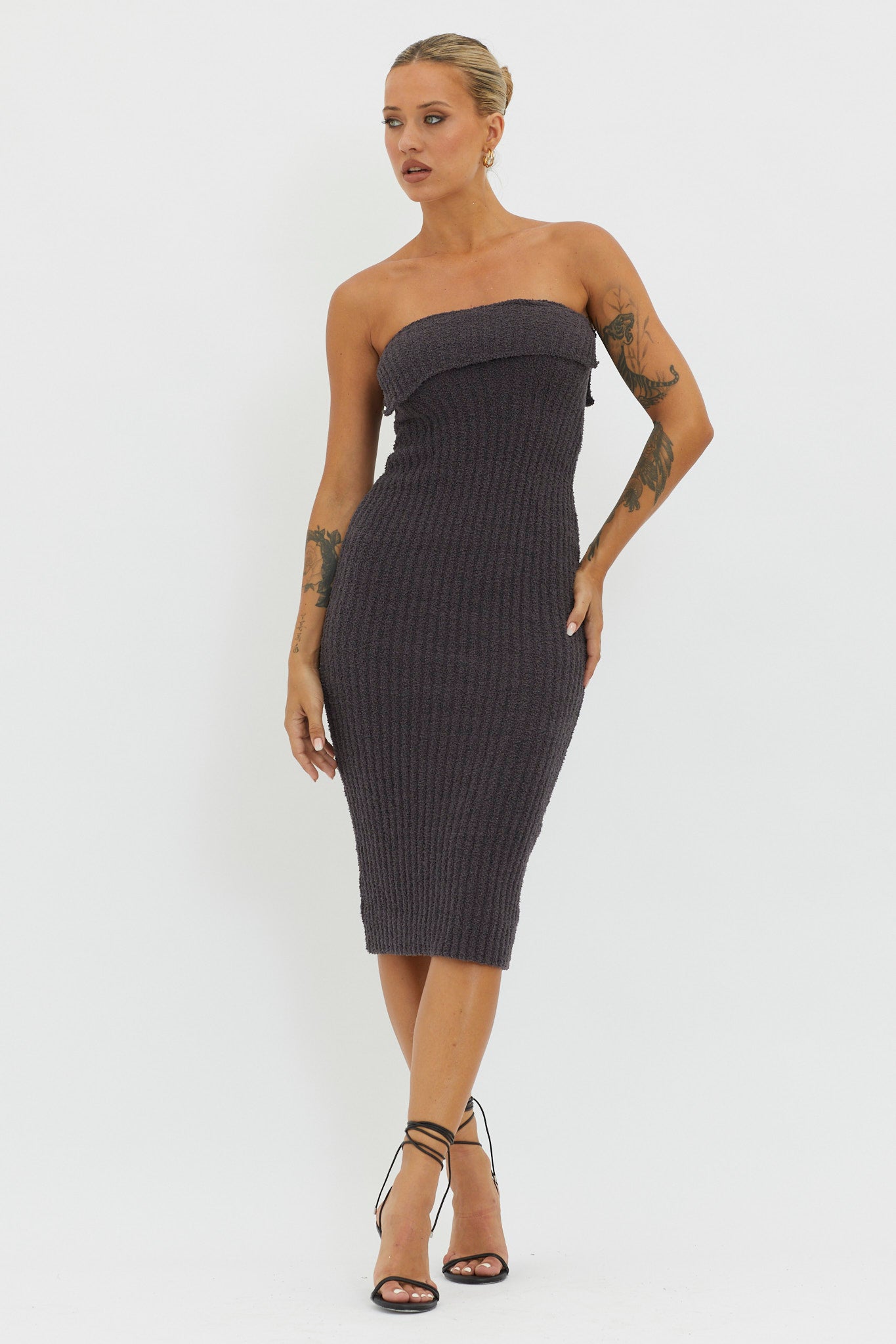 Lupita Foldover Ribbed Knit Midi Dress Charcoal by Selfie Leslie