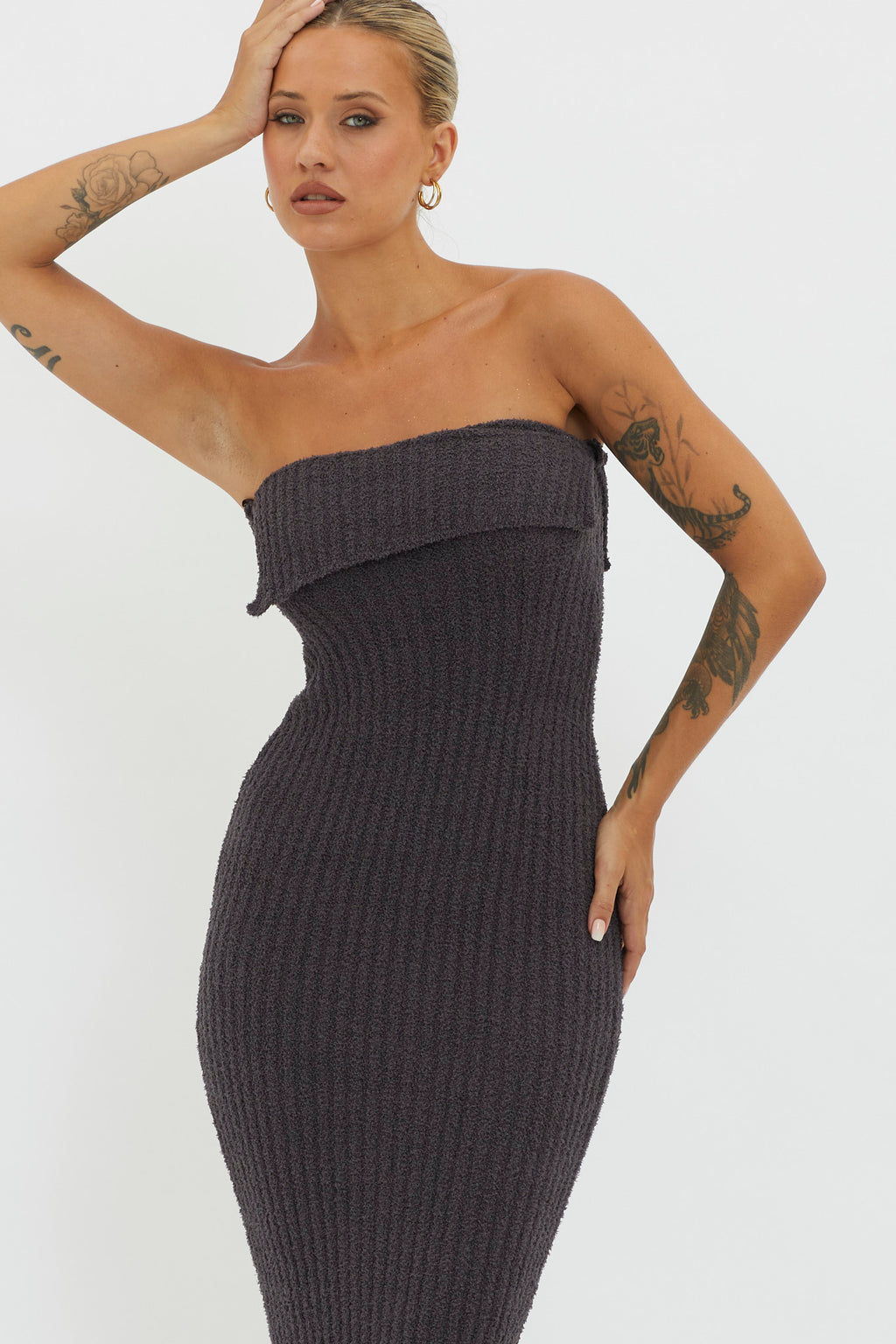 Lupita Foldover Ribbed Knit Midi Dress Charcoal by Selfie Leslie