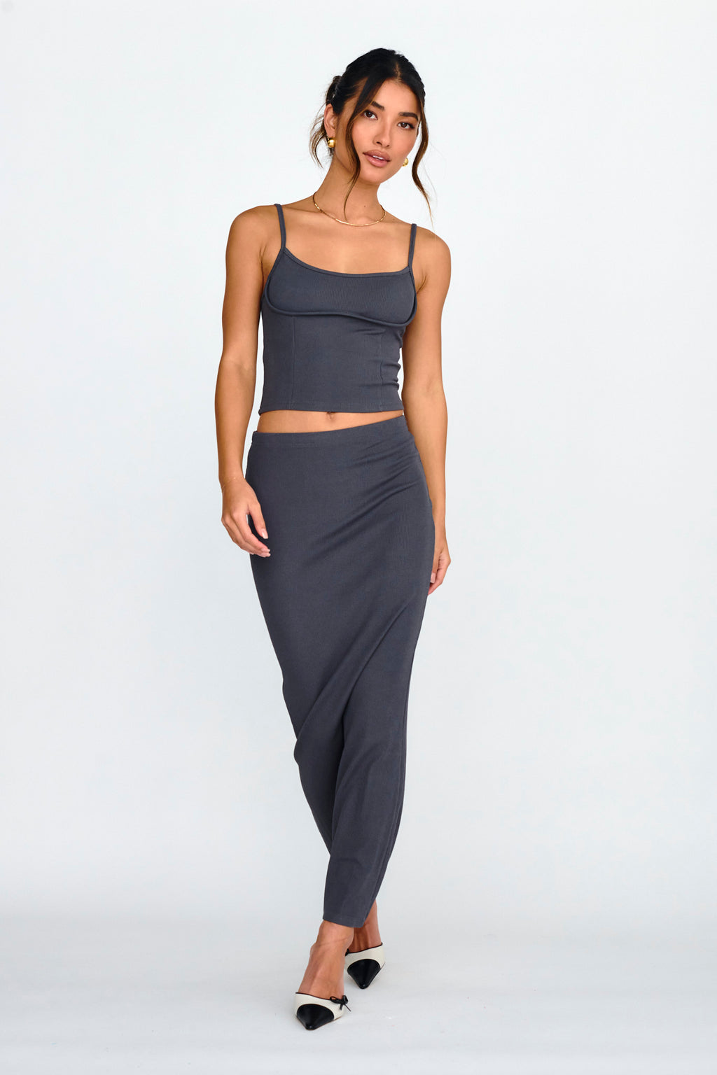 Strike A Pose Ribbed Maxi Skirt Charcoal by Selfie Leslie