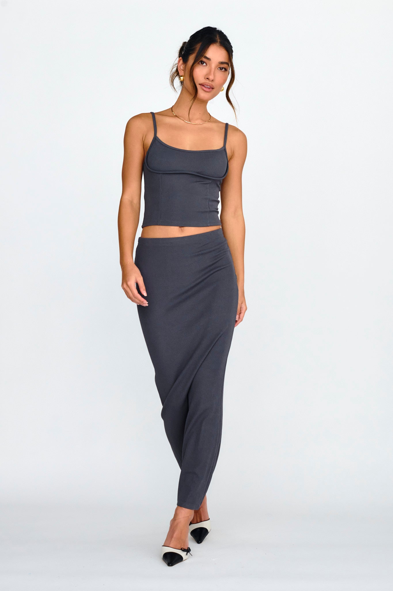 Strike A Pose Ribbed Maxi Skirt Charcoal by Selfie Leslie