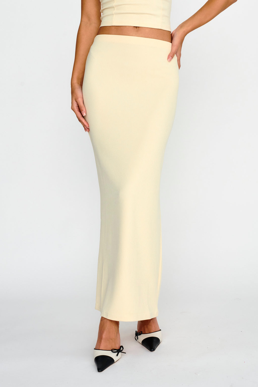 Strike A Pose Ribbed Maxi Skirt Cream by Selfie Leslie