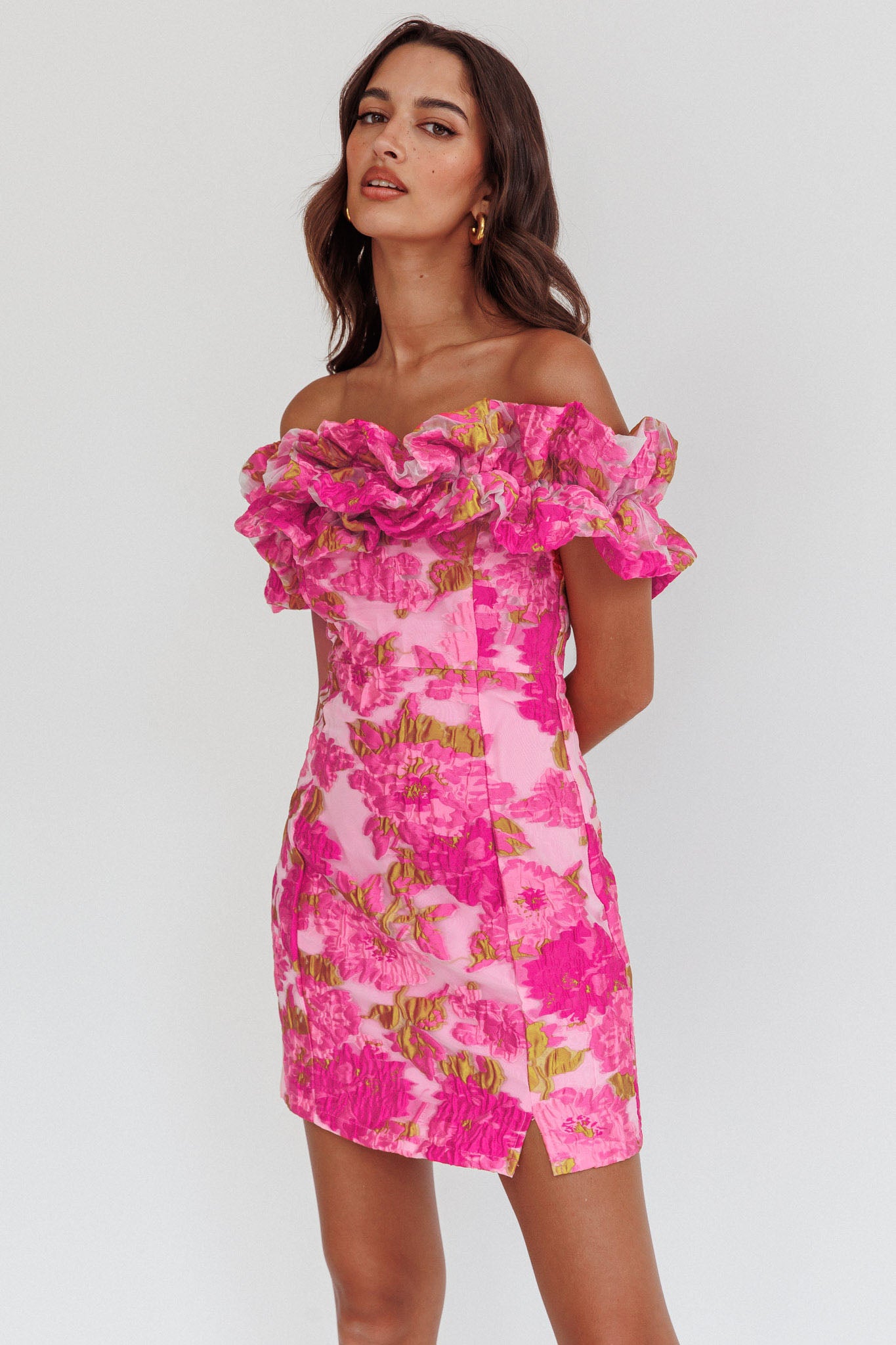 Shop the Memoire Off-Shoulder Textured Mini Dress Pink