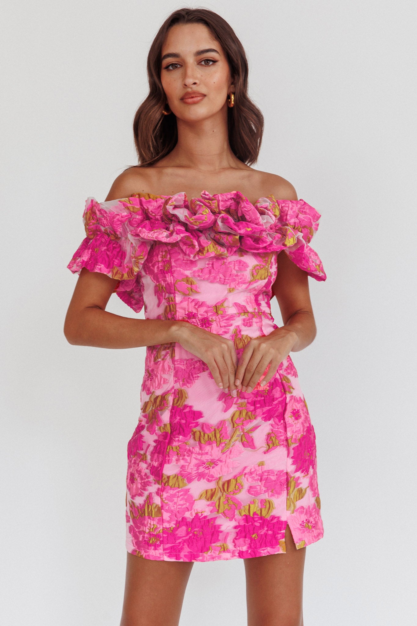 Memoire Off-Shoulder Textured Mini Dress Pink– Selfie Leslie