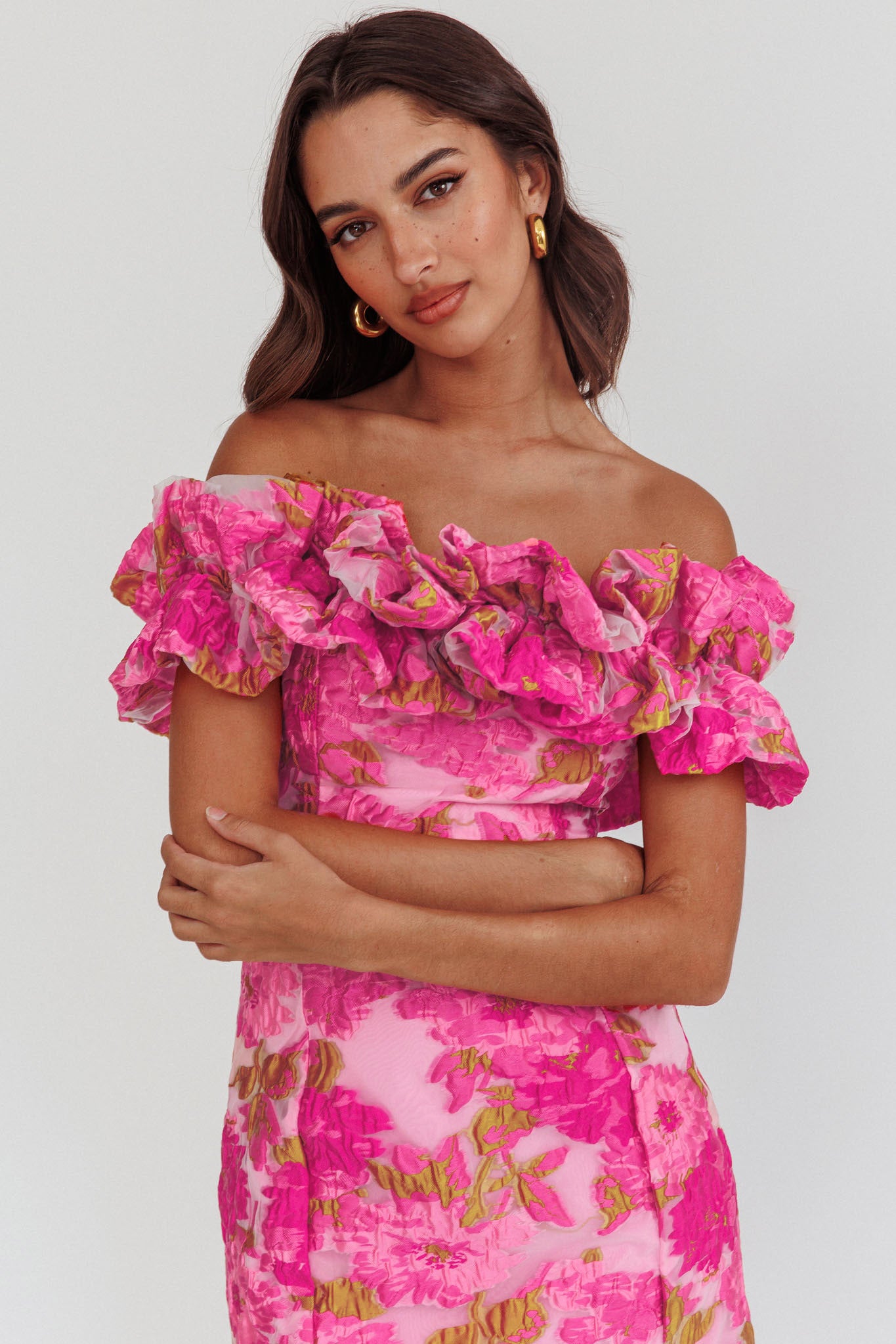 Memoire Off-Shoulder Textured Mini Dress Pink - XXL Memoire Off-Shoulder Textured Mini Dress Pink - XXL