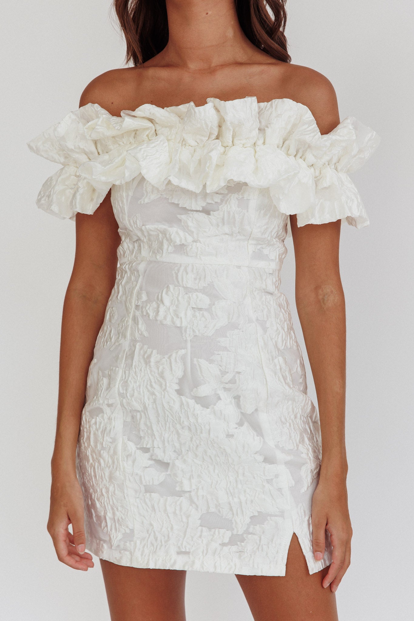 Memoire Off-Shoulder Textured Mini Dress White by Selfie Leslie