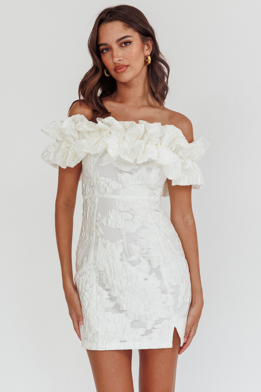 selfie leslie white dress short Verona Off-Shoulder Ruffle Mini Dress White
