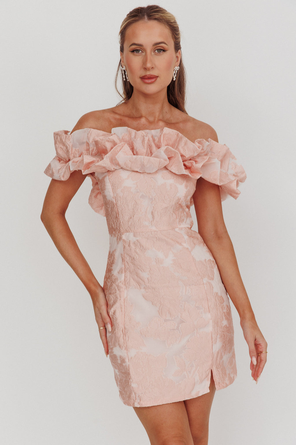knee length dresses for ladies Memoire Off-Shoulder Jacquard Mini Dress Blush
