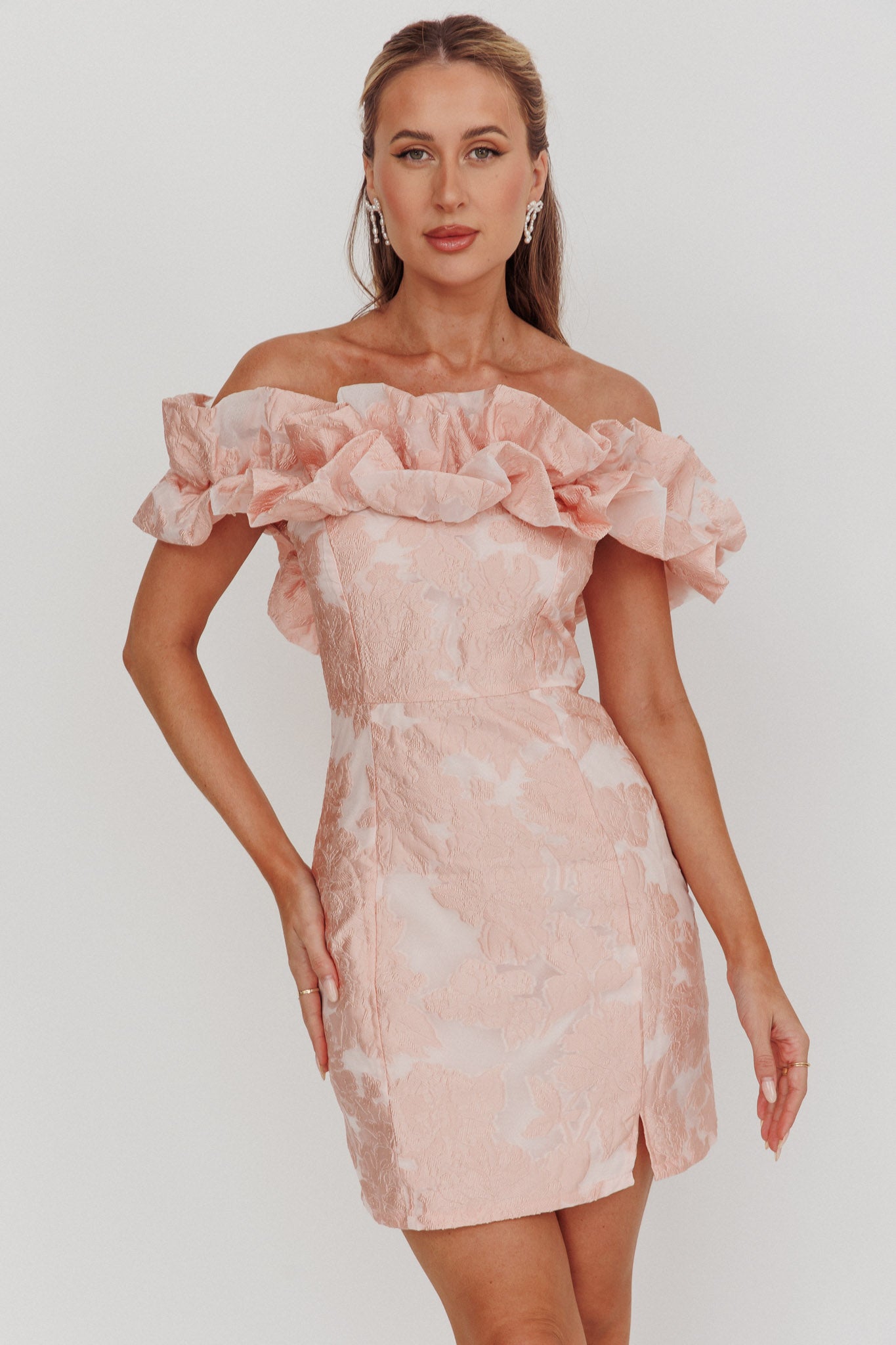 Memoire Off-Shoulder Jacquard Mini Dress Blush by Selfie Leslie