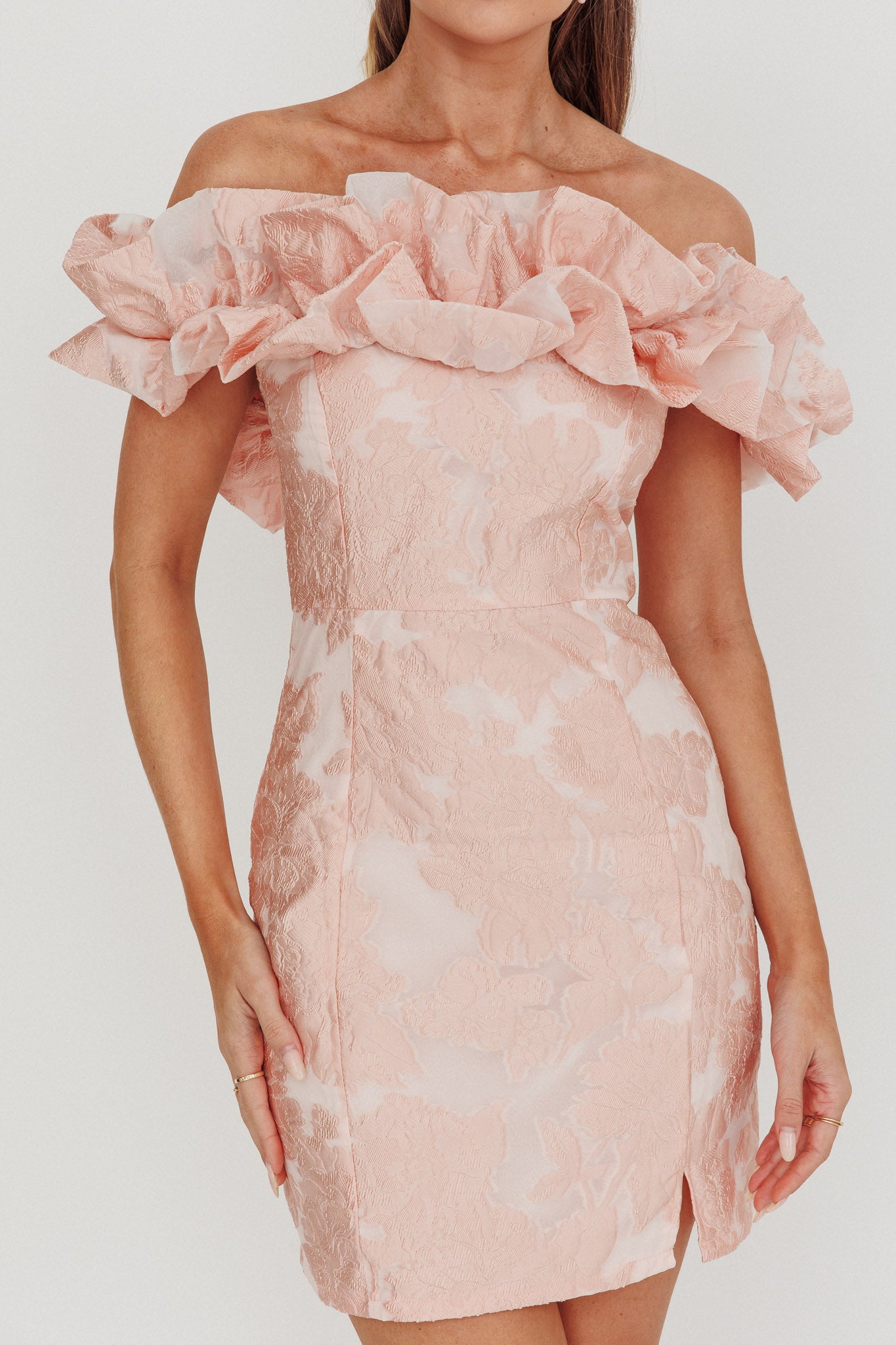 Memoire Off-Shoulder Jacquard Mini Dress Blush by Selfie Leslie