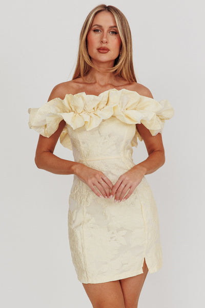 flip em off mini dress Memoire Off-Shoulder Jacquard Lemon Size:IT 42 - US 11 Olandria Mini Dress in This babydoll tiered sundress size 12 dress