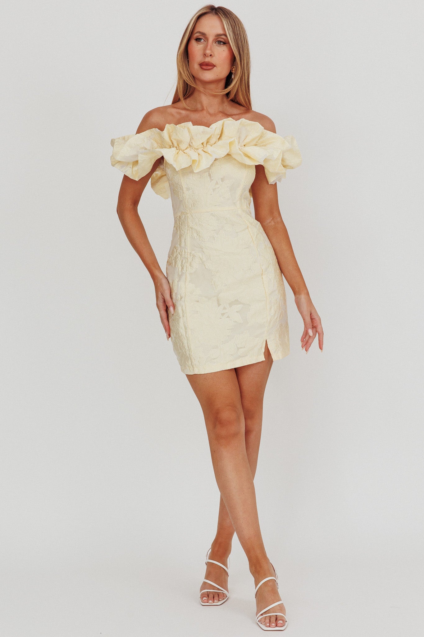 Memoire Off-Shoulder Jacquard Mini Dress Lemon– Selfie Leslie