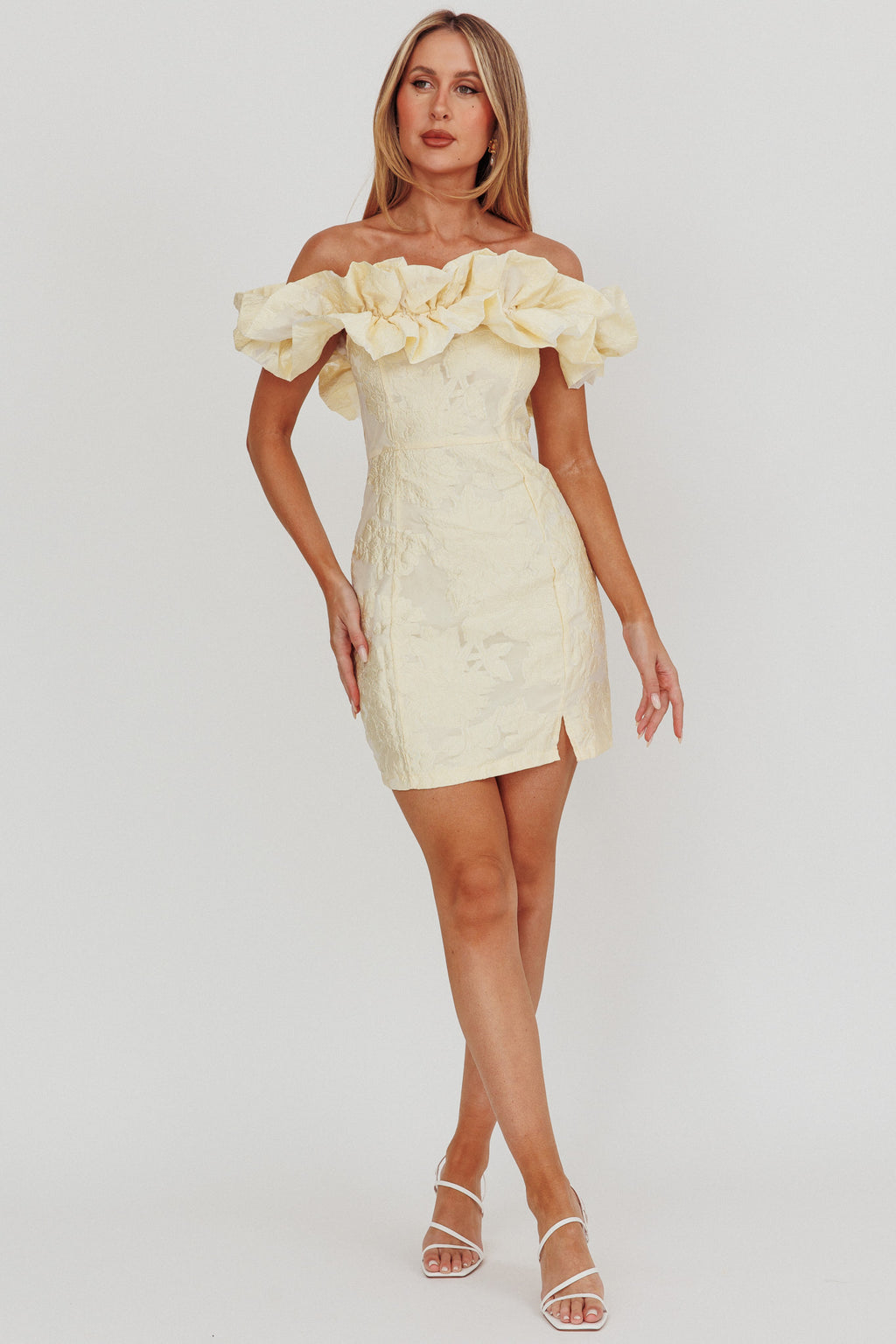 Memoire Off-Shoulder Jacquard Mini Dress Lemon by Selfie Leslie