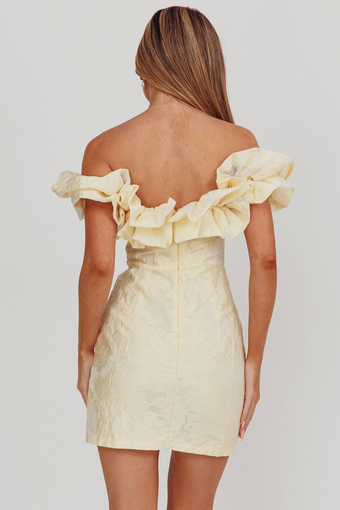 Memoire Off-Shoulder Jacquard Mini Dress Lemon by Selfie Leslie