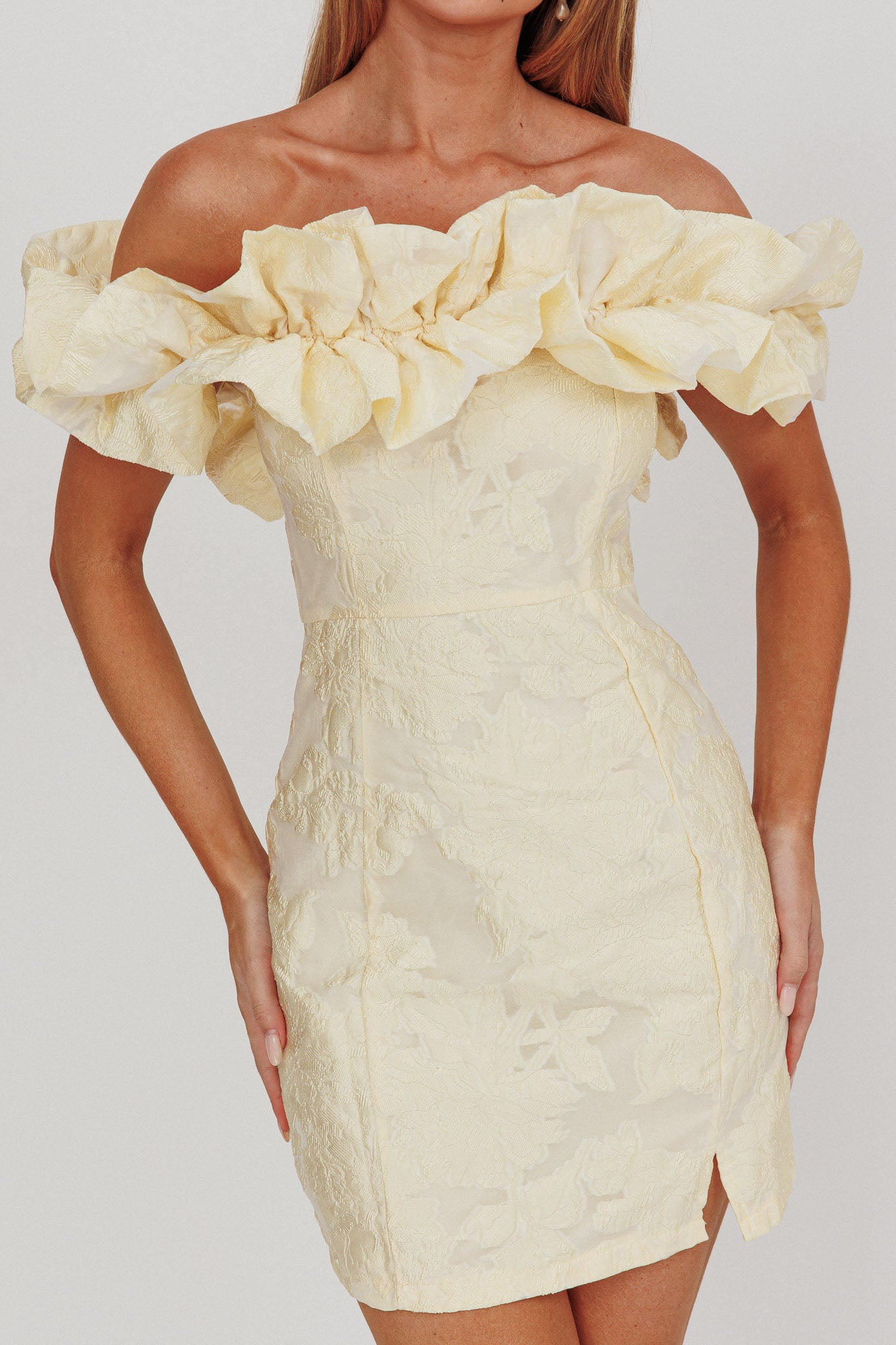 Memoire Off-Shoulder Jacquard Mini Dress Lemon by Selfie Leslie