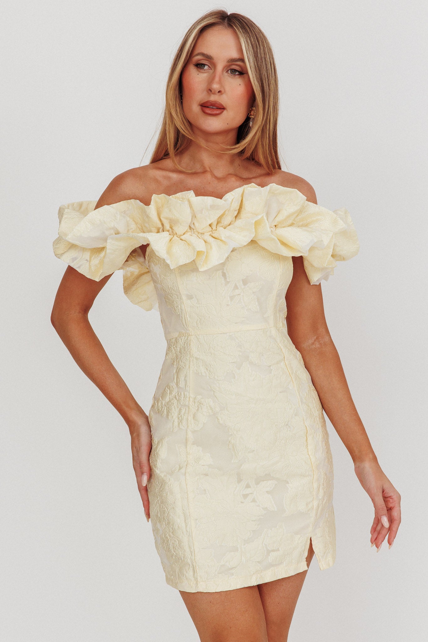 jacquard off the shoulder dress Memoire Off-Shoulder Jacquard Mini Dress Lemon