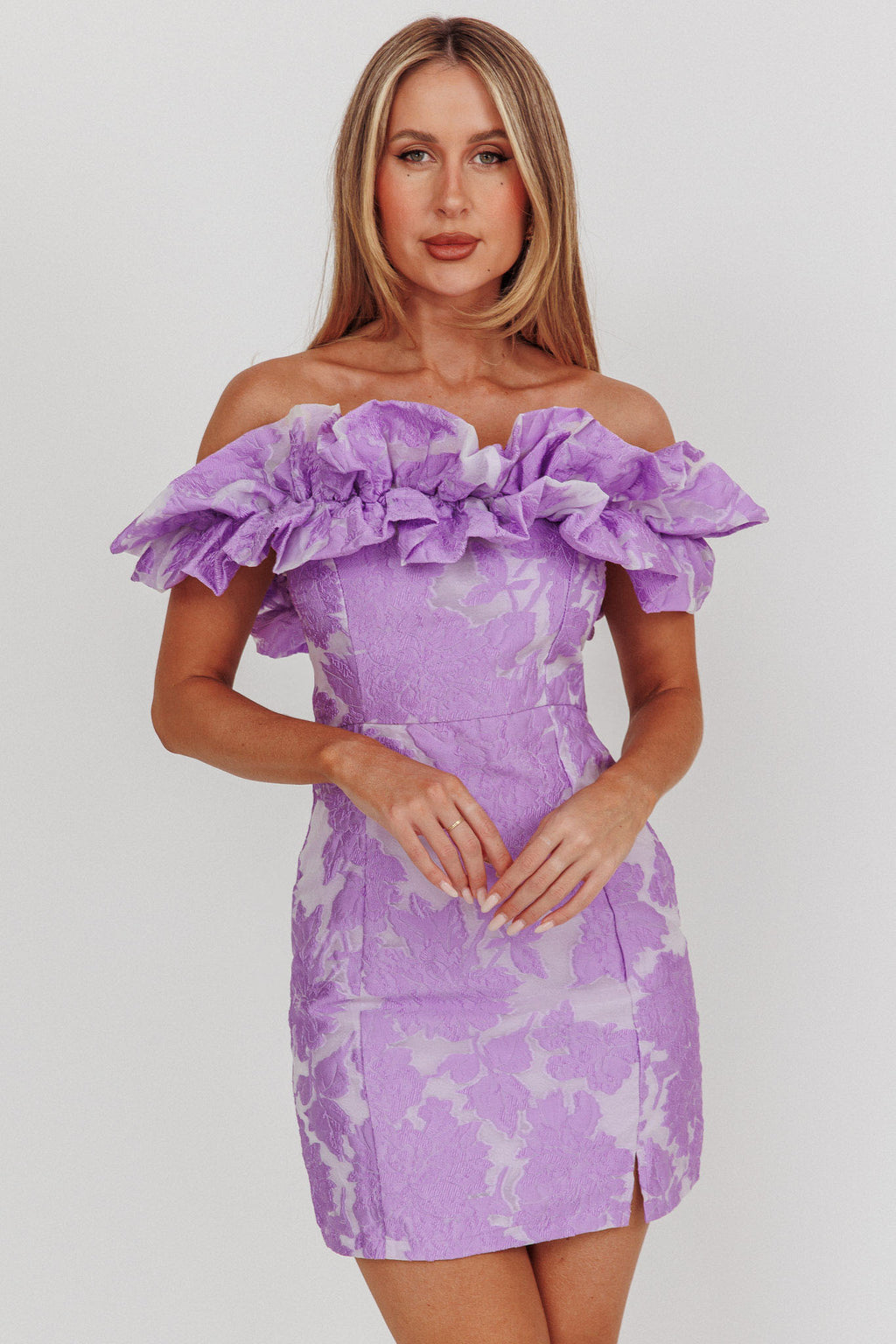 Memoire Off-Shoulder Jacquard Mini Dress Lilac by Selfie Leslie