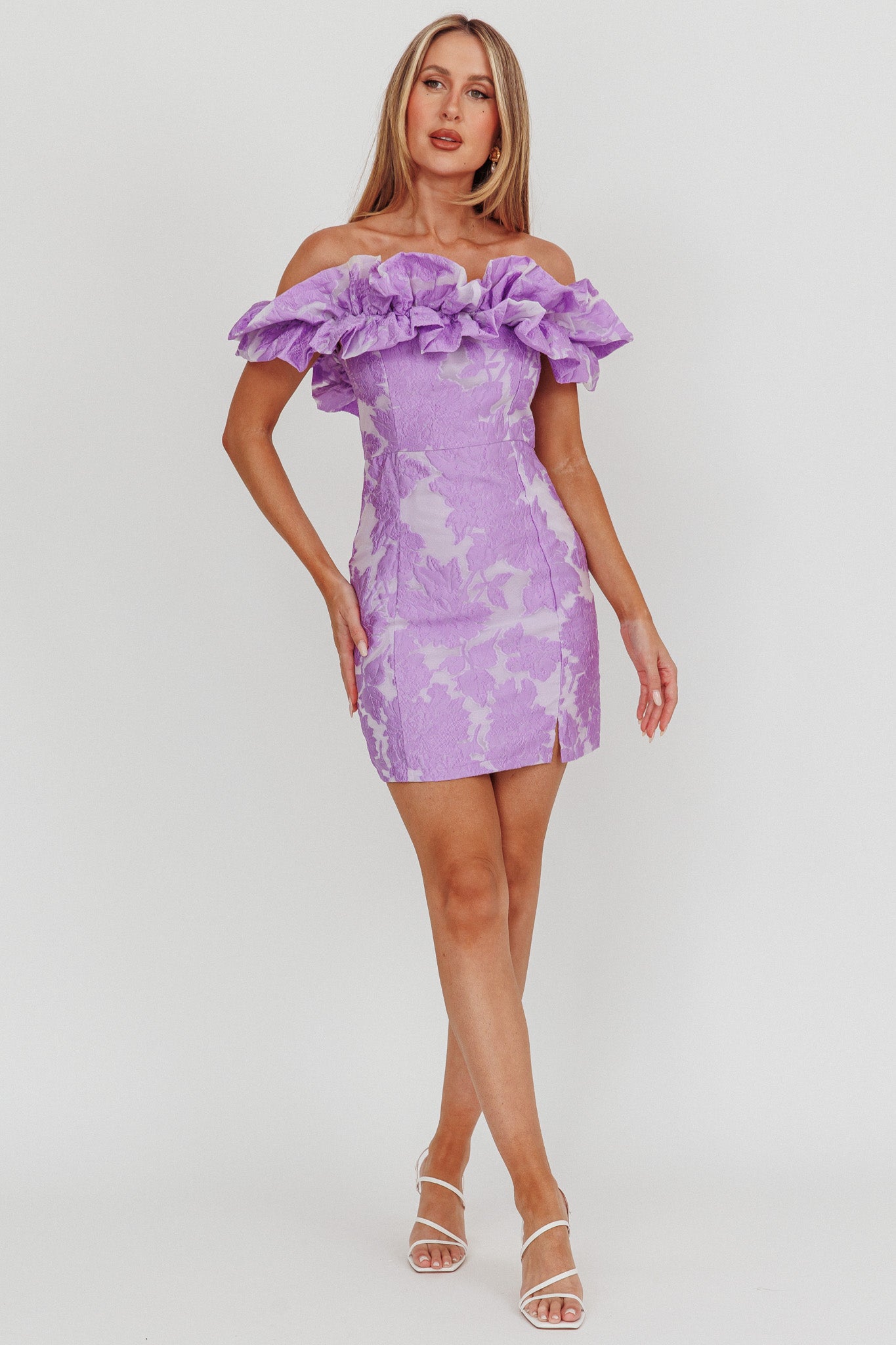 Memoire Off-Shoulder Jacquard Mini Dress Lilac by Selfie Leslie