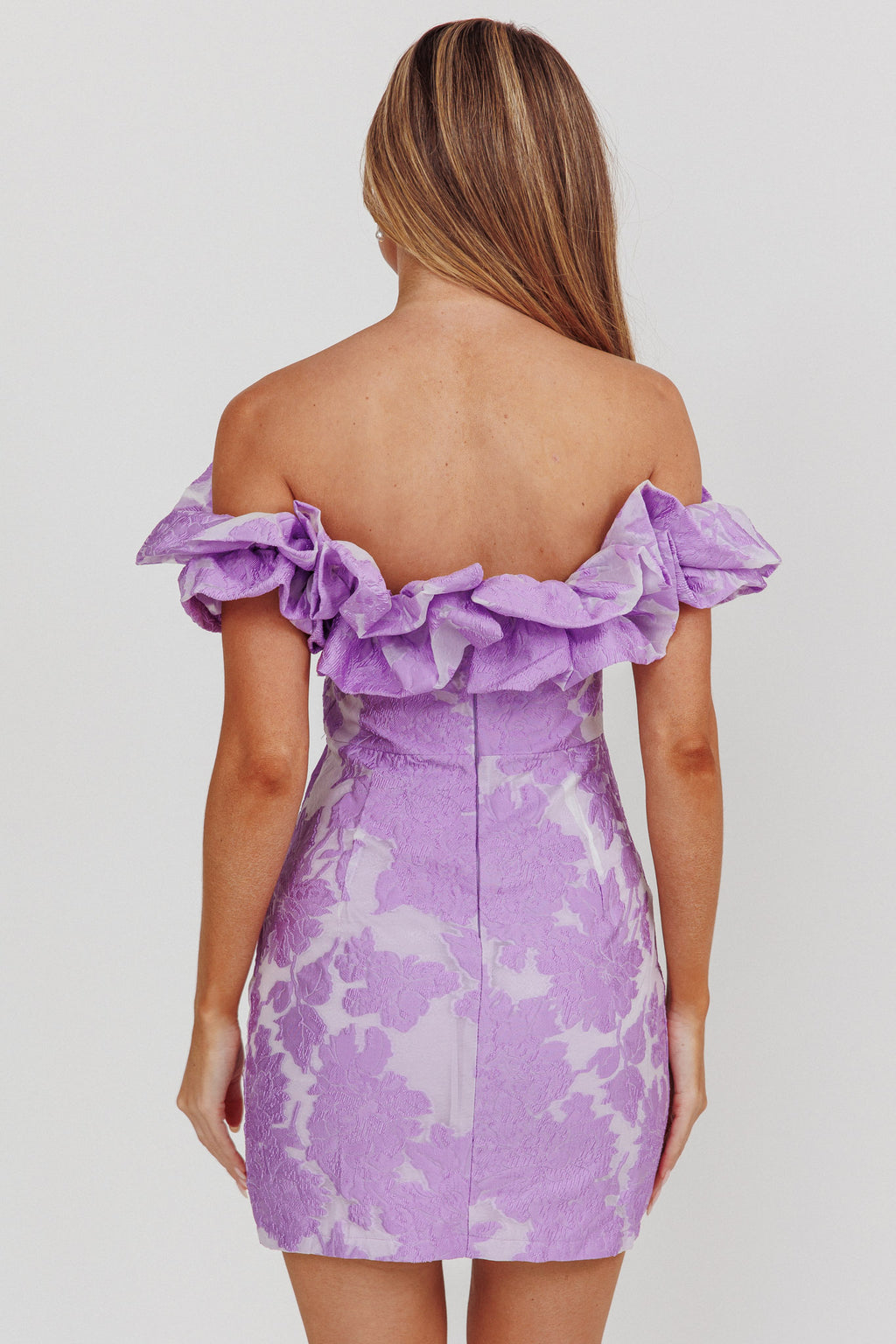 Memoire Off-Shoulder Jacquard Mini Dress Lilac by Selfie Leslie