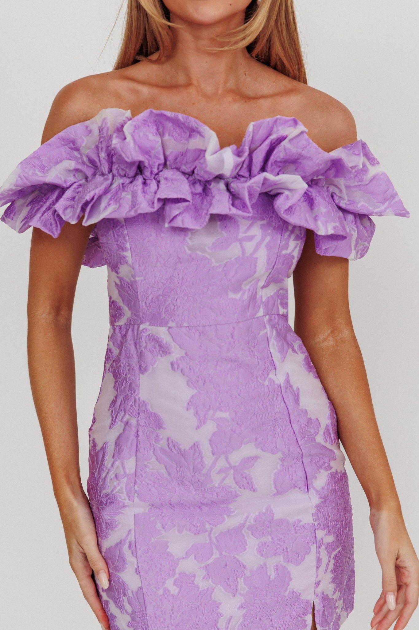 Memoire Off-Shoulder Jacquard Mini Dress Lilac by Selfie Leslie
