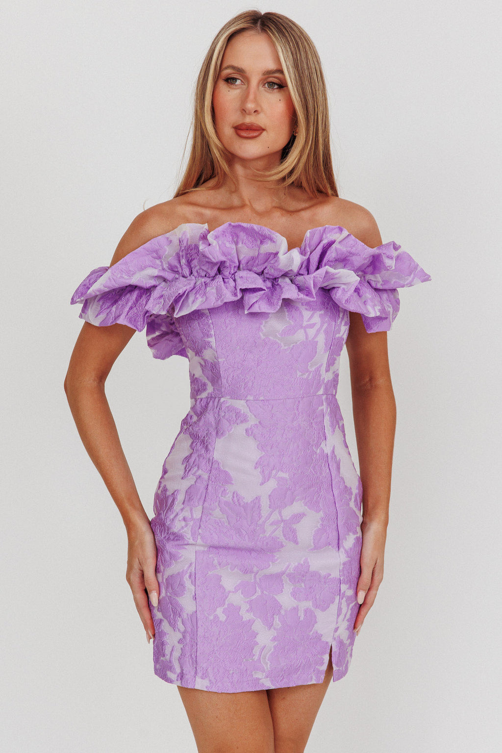 Memoire Off-Shoulder Jacquard Mini Dress Lilac by Selfie Leslie