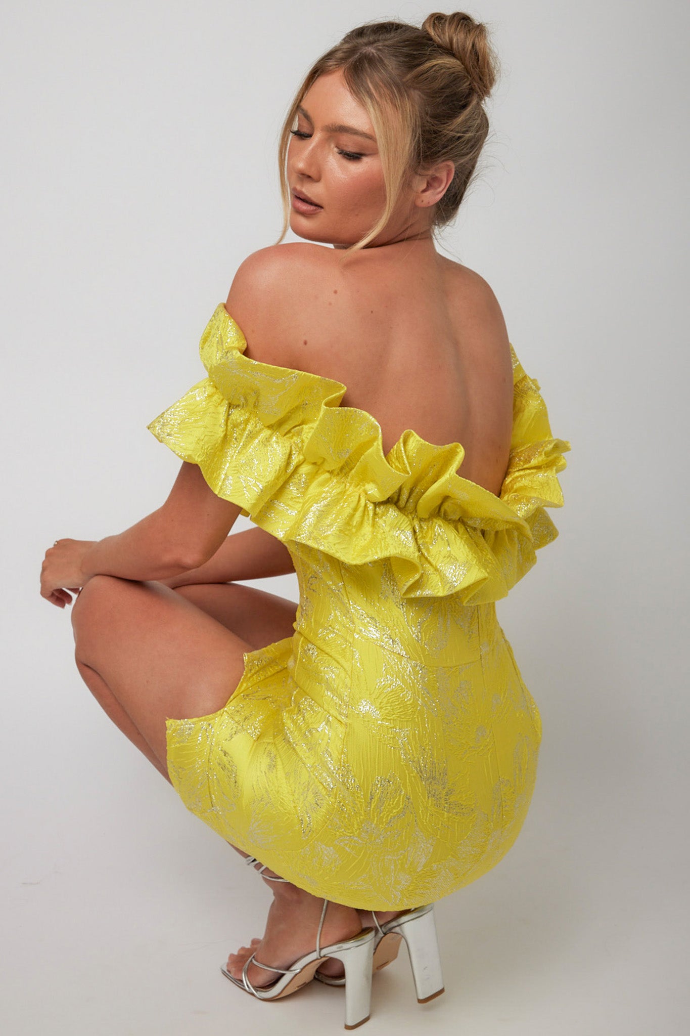Memoire Off-Shoulder Jacquard Mini Dress Yellow by Selfie Leslie