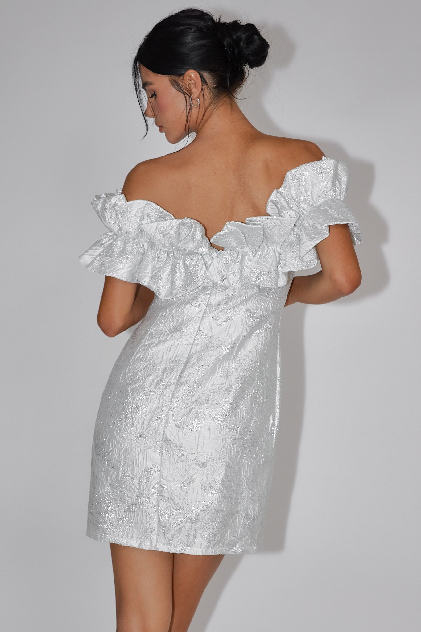 Memoire Off-Shoulder Jacquard Mini Dress Off White by Selfie Leslie