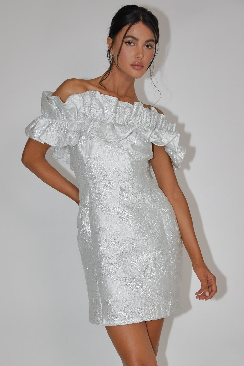 Memoire Off-Shoulder Jacquard Mini Dress Off White by Selfie Leslie
