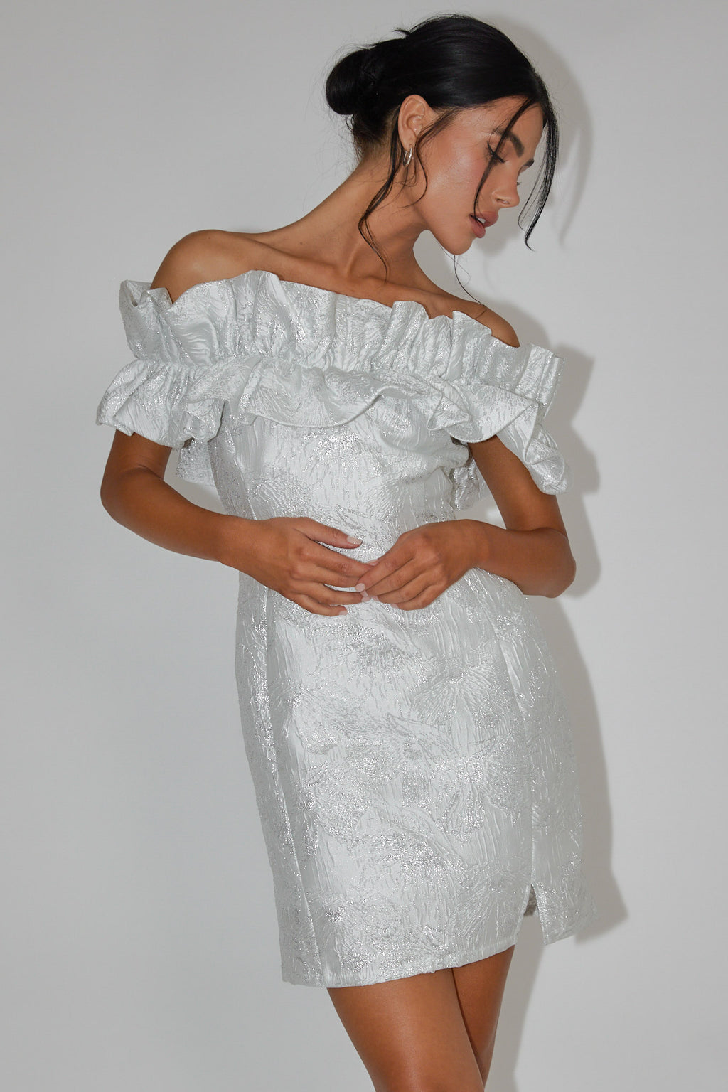 Memoire Off-Shoulder Jacquard Mini Dress Off White by Selfie Leslie