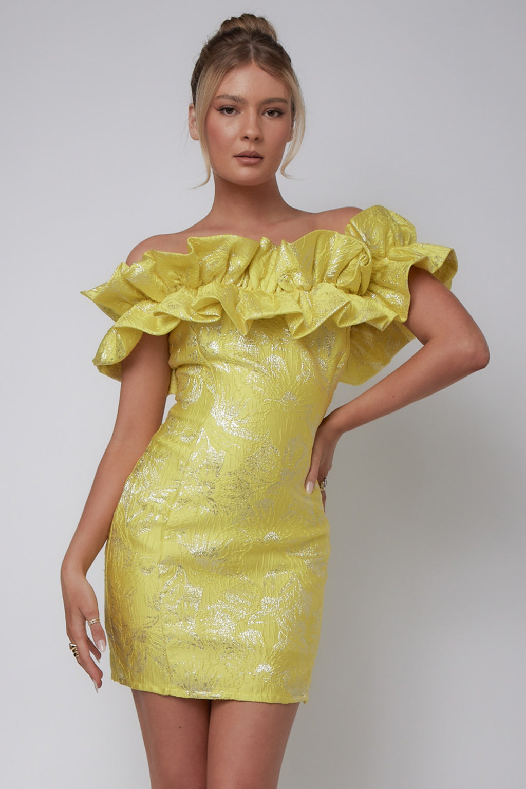 Memoire Off-Shoulder Jacquard Mini Dress Yellow by Selfie Leslie