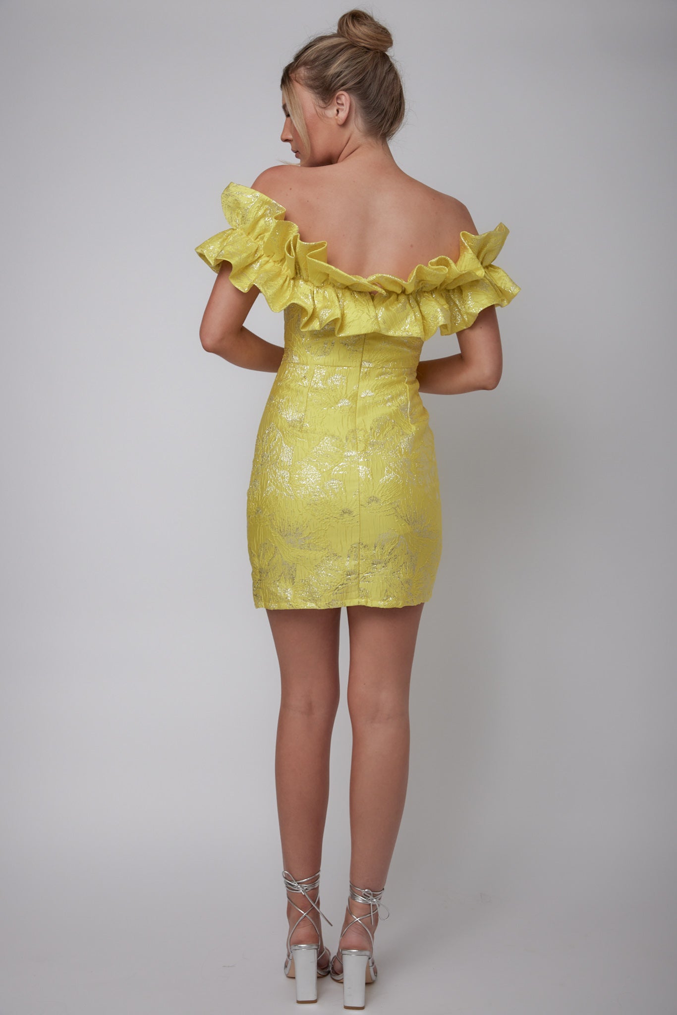 Memoire Off-Shoulder Jacquard Mini Dress Yellow by Selfie Leslie