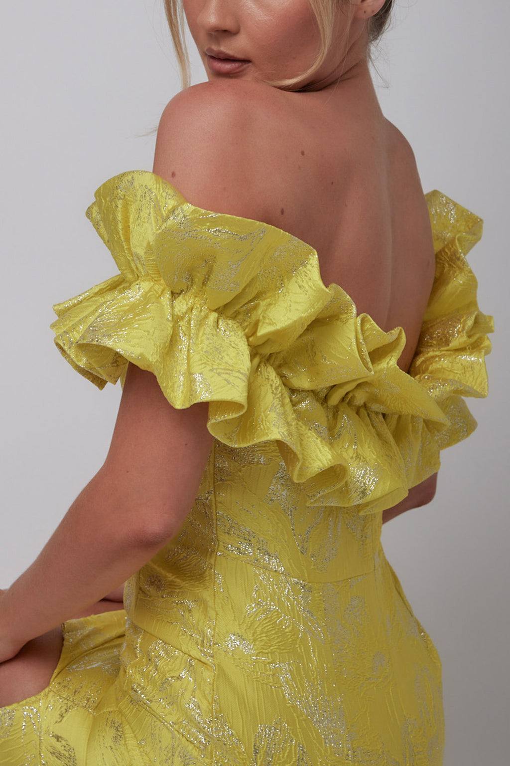 Memoire Off-Shoulder Jacquard Mini Dress Yellow by Selfie Leslie