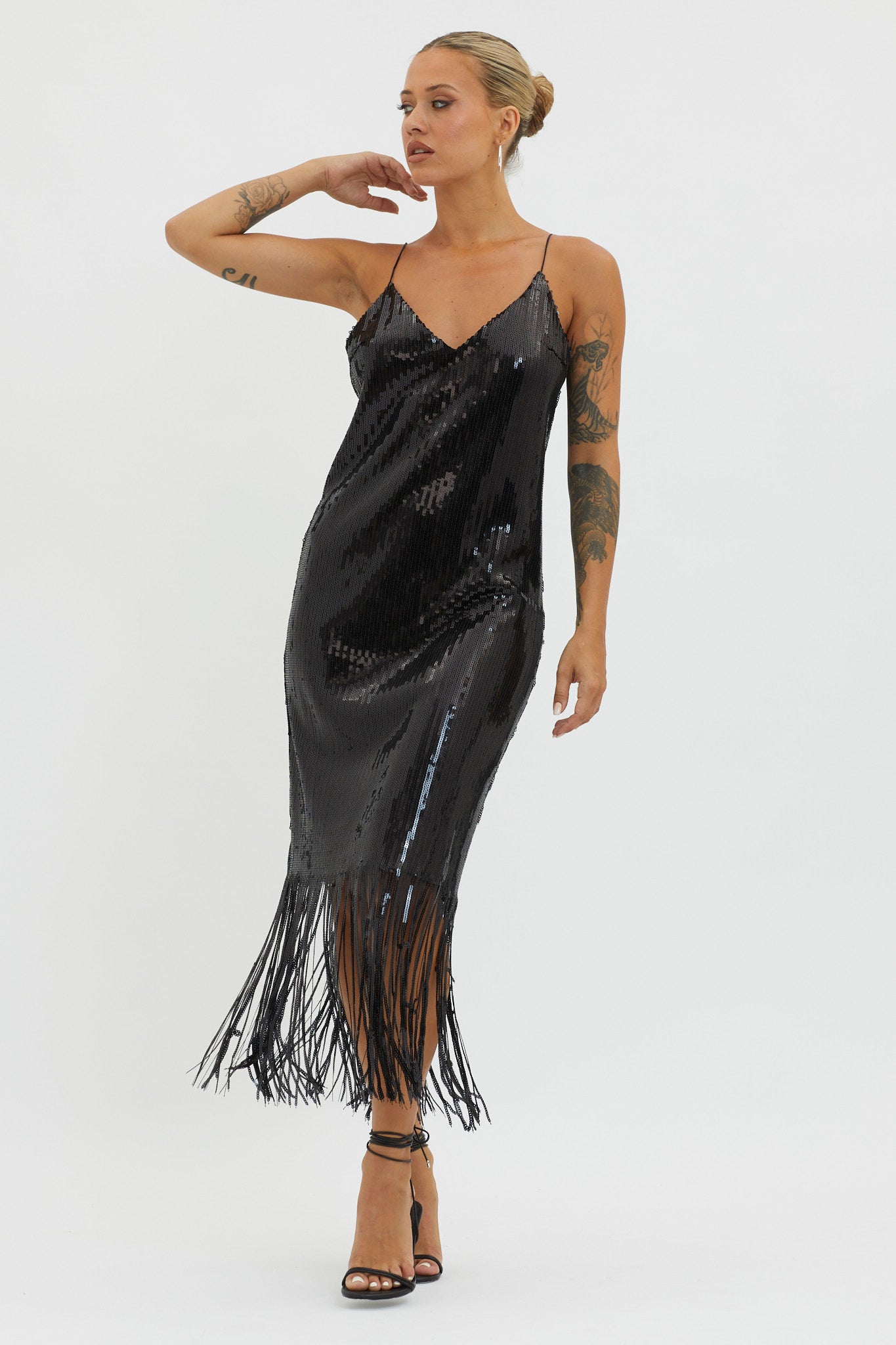 Halo Moon Sequin Fringe Midi Dress Black by Selfie Leslie
