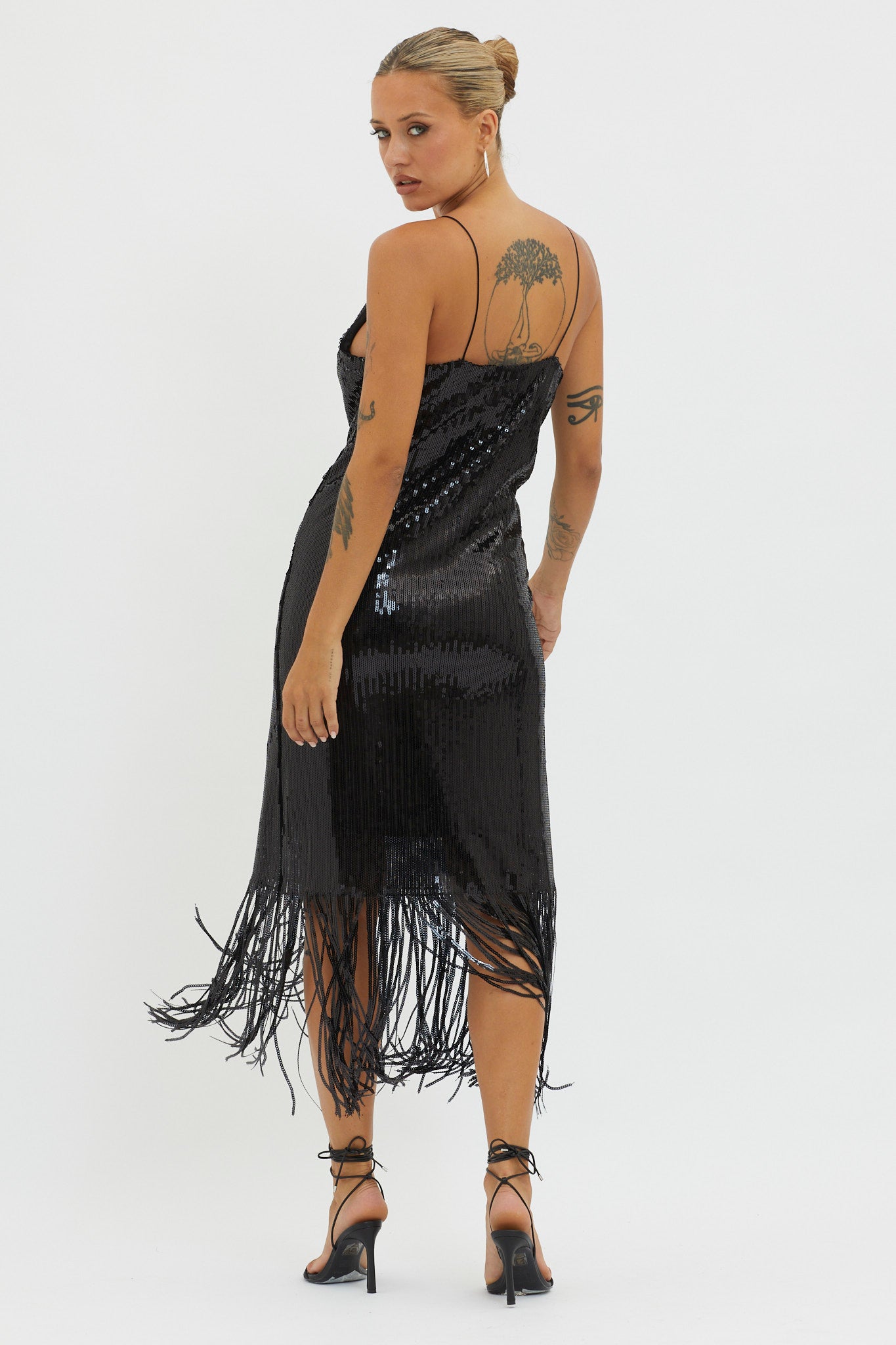 Halo Moon Sequin Fringe Midi Dress Black– Selfie Leslie