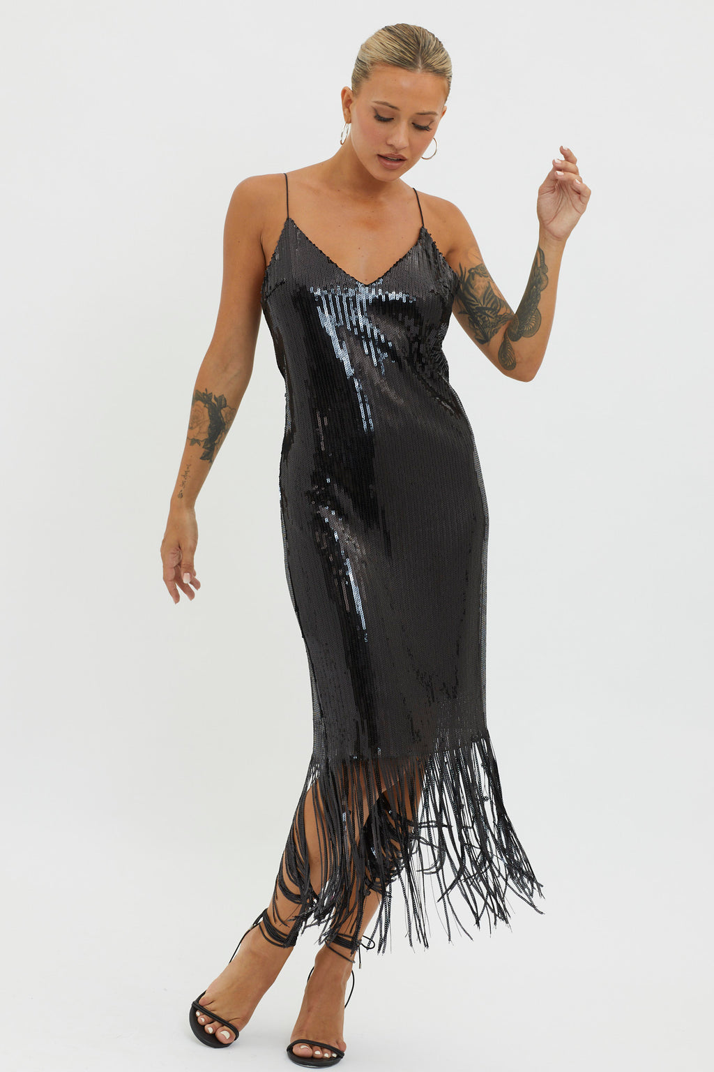 Halo Moon Sequin Fringe Midi Dress Black by Selfie Leslie