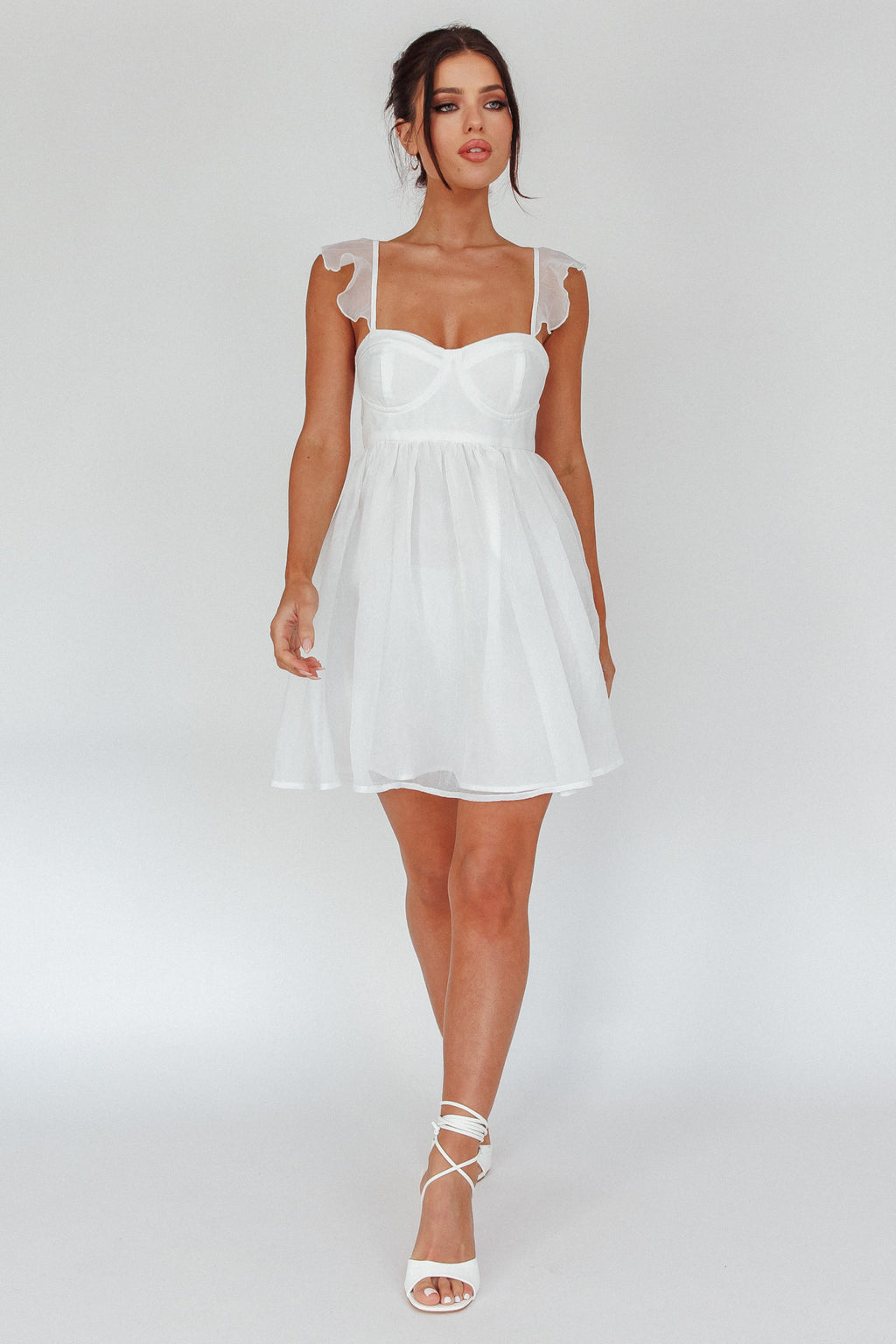 Zalia Ruffle Strap Babydoll Dress White by Selfie Leslie