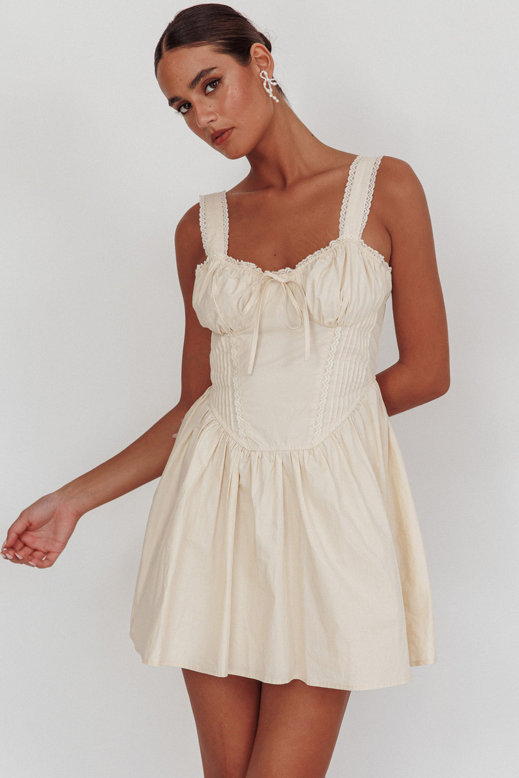 Florabella Corset Bodice Bow Mini Dress Cream by Selfie Leslie