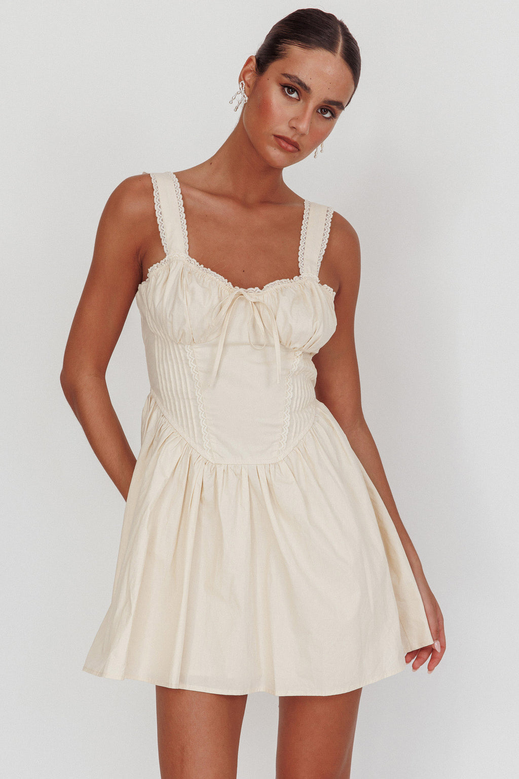 Florabella Corset Bodice Bow Mini Dress Cream by Selfie Leslie