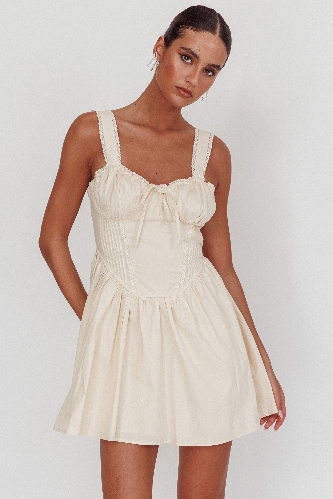 Florabella Corset Bodice Bow Mini Dress Cream by Selfie Leslie