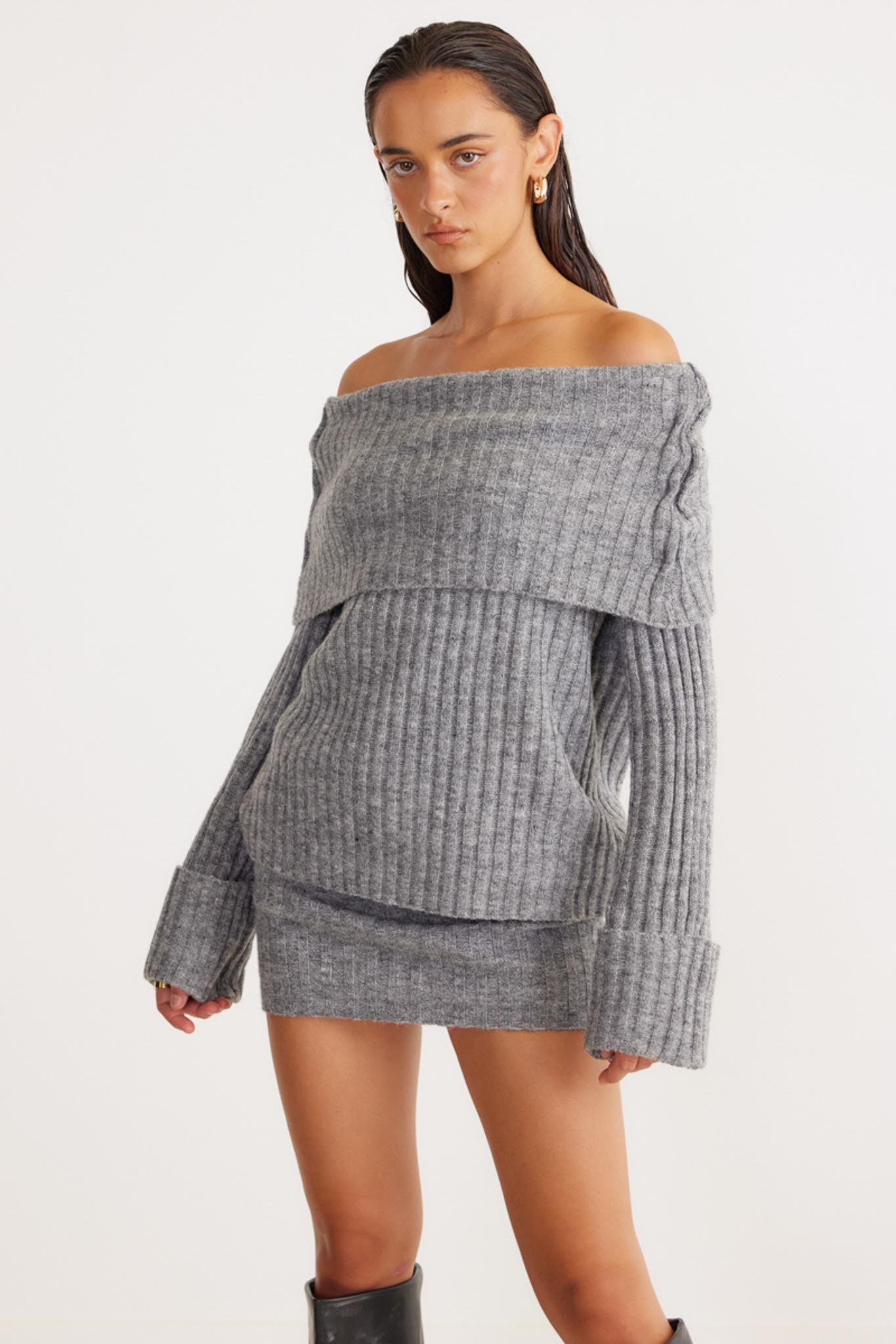 SNDYS Brooks Off Shoulder Jumper Grey by Selfie Leslie