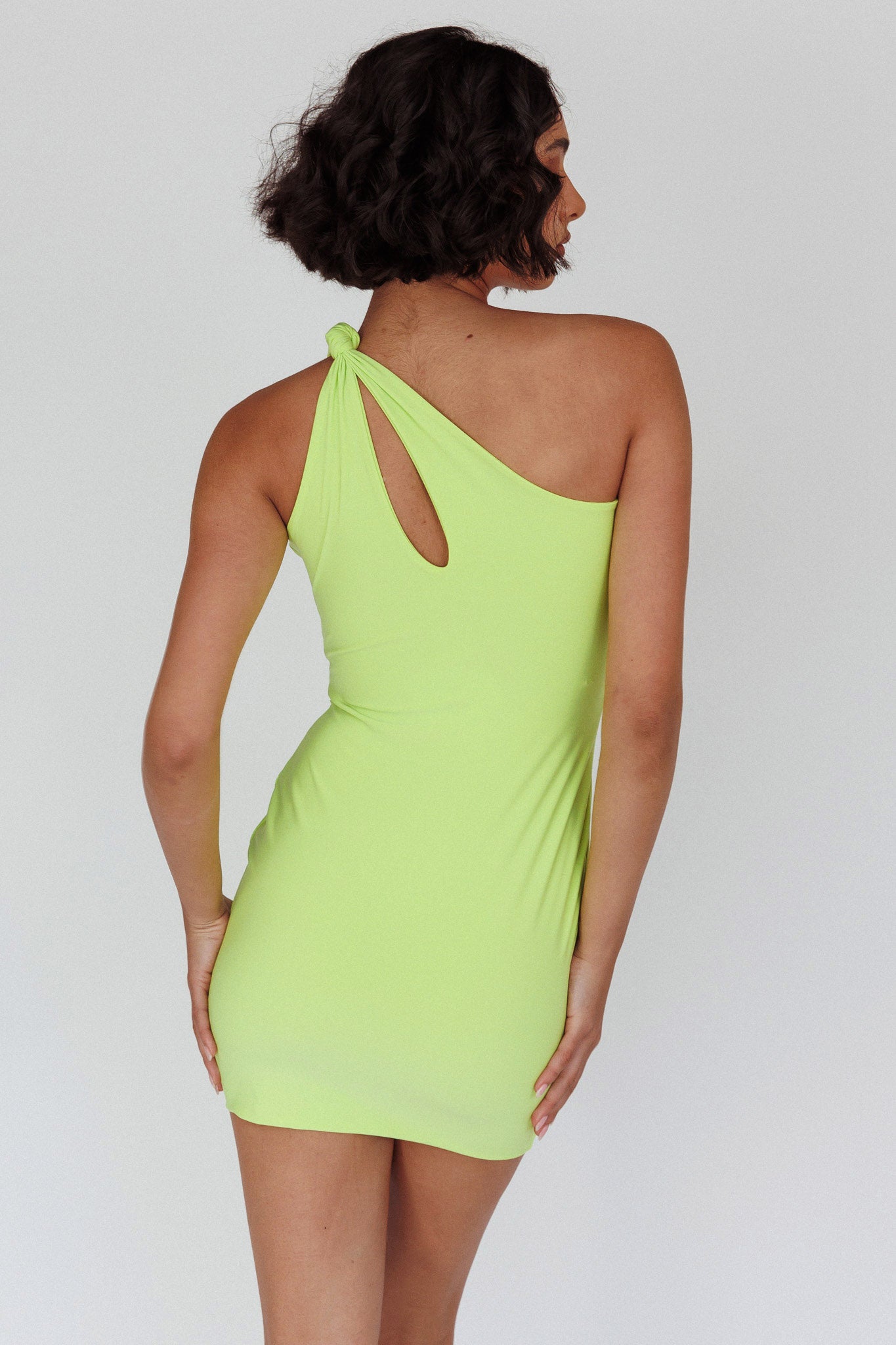 Malaga One-Shoulder Keyhole Mini Dress Lime by Selfie Leslie
