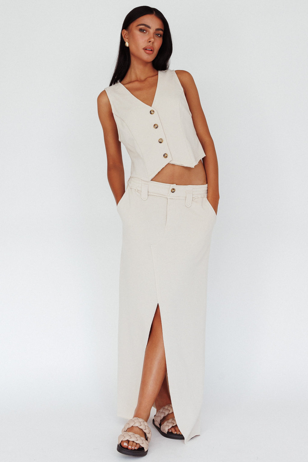 Long Awaited Faux Placket Maxi Skirt Seashell by Selfie Leslie
