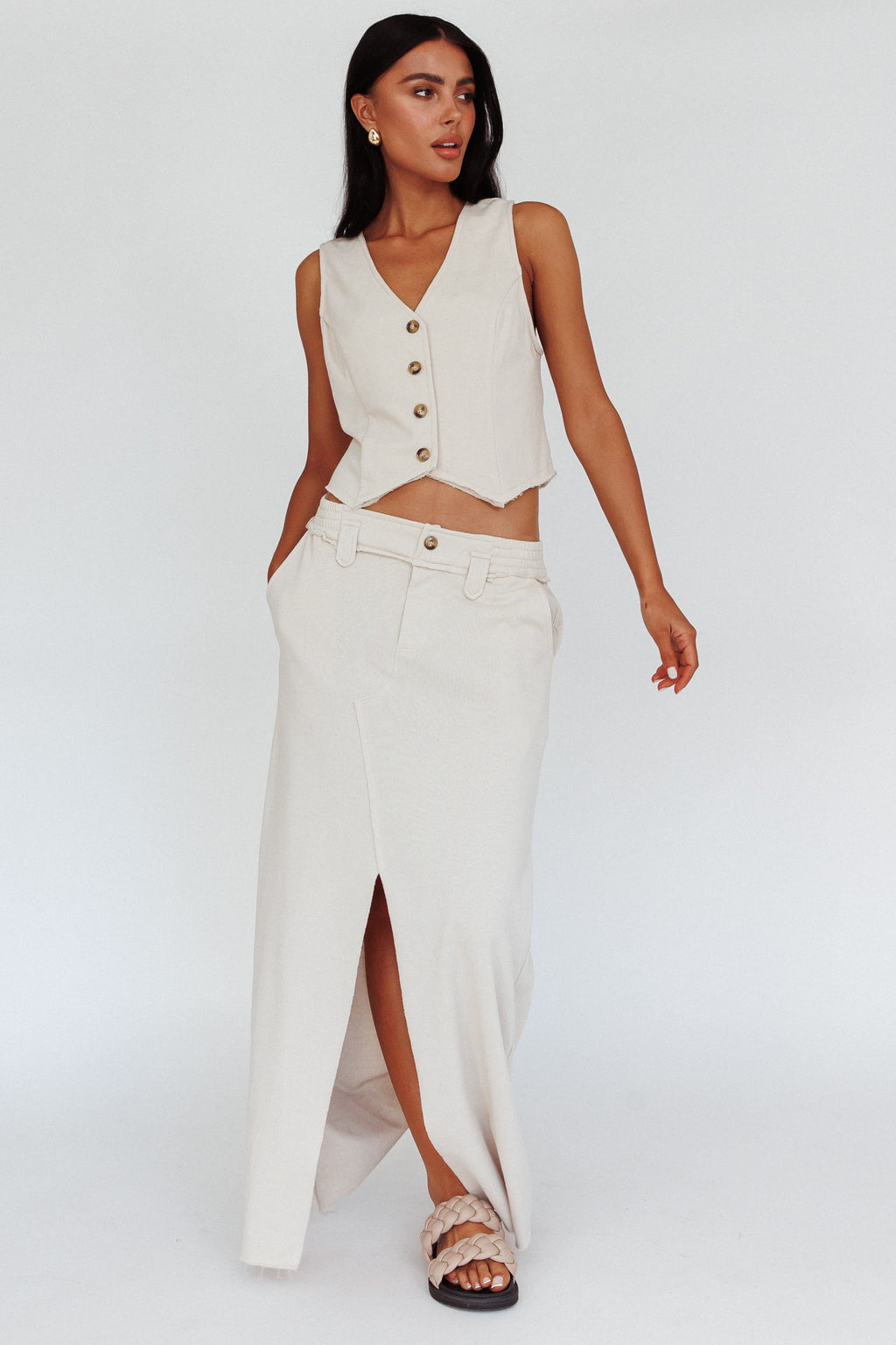 Long Awaited Faux Placket Maxi Skirt Seashell by Selfie Leslie
