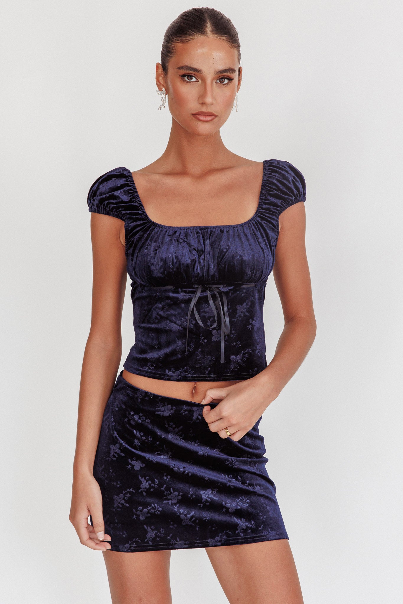 High Rollers Floral Velvet Mini Skirt Navy– Selfie Leslie