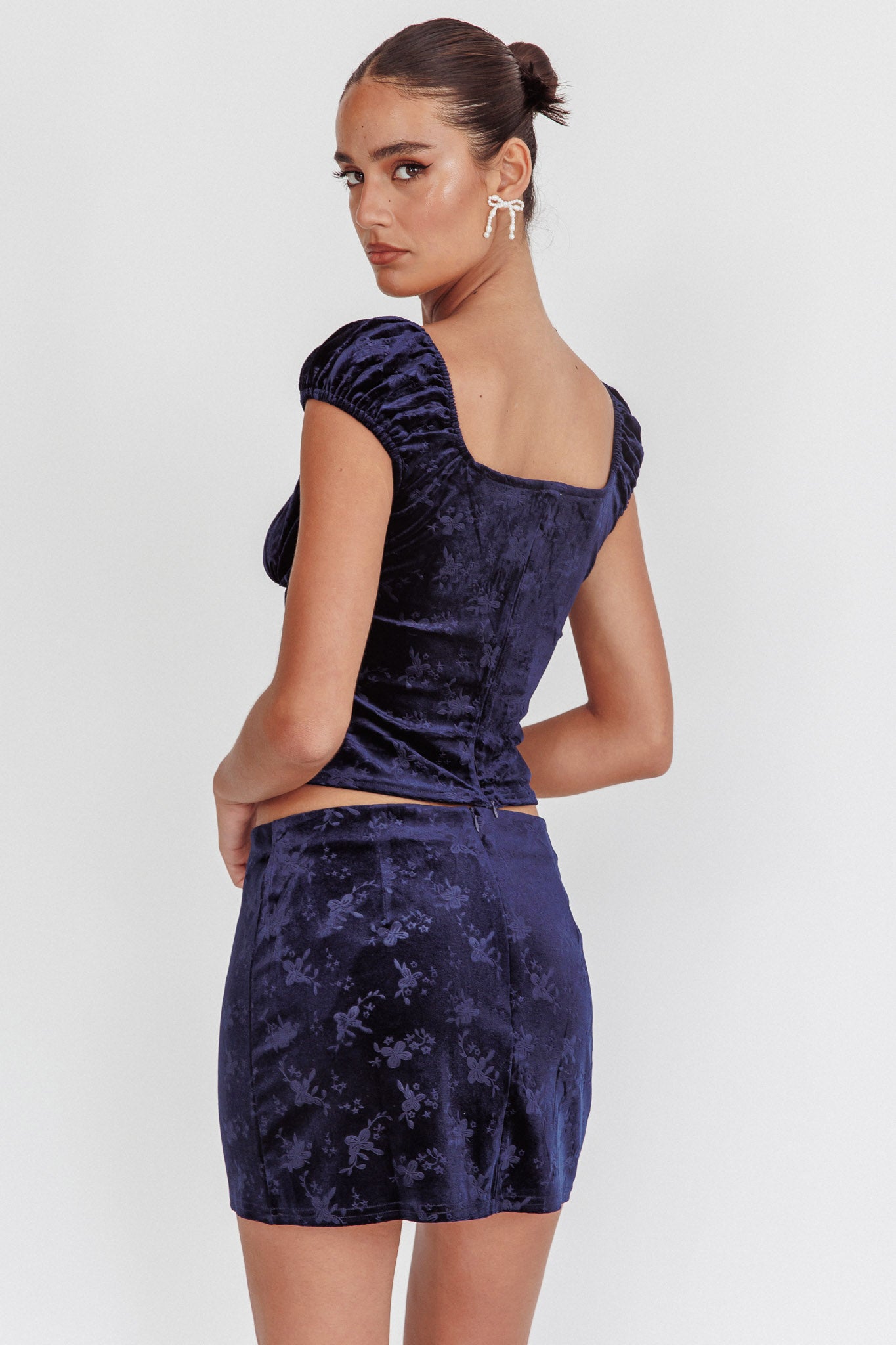 High Rollers Floral Velvet Mini Skirt Navy by Selfie Leslie