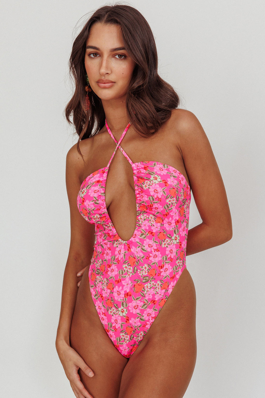 Theia Halterneck One Peice Swimsuit Pink Floral by Selfie Leslie