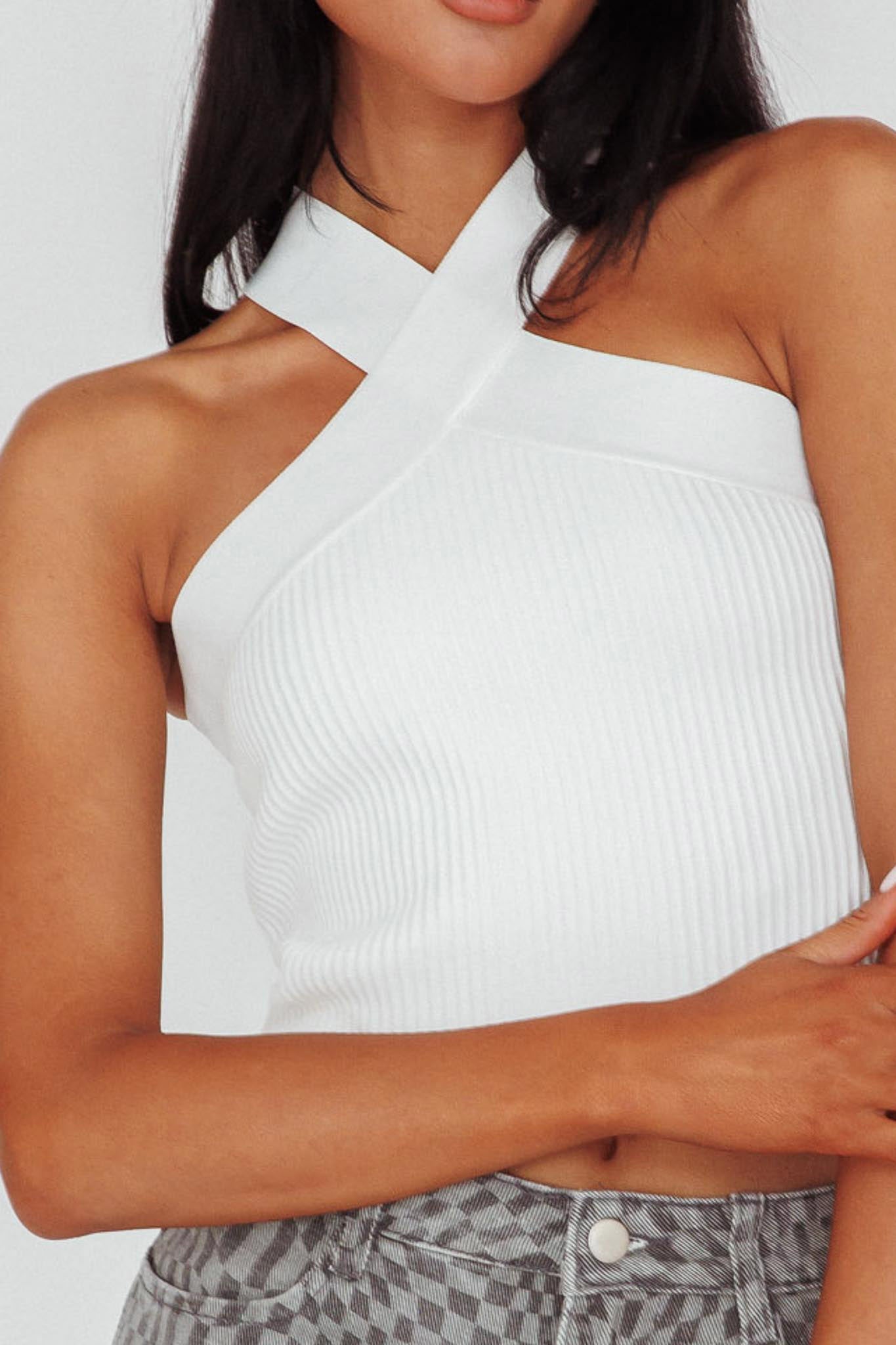 Kansas Crossover Neck Knit Top White by Selfie Leslie
