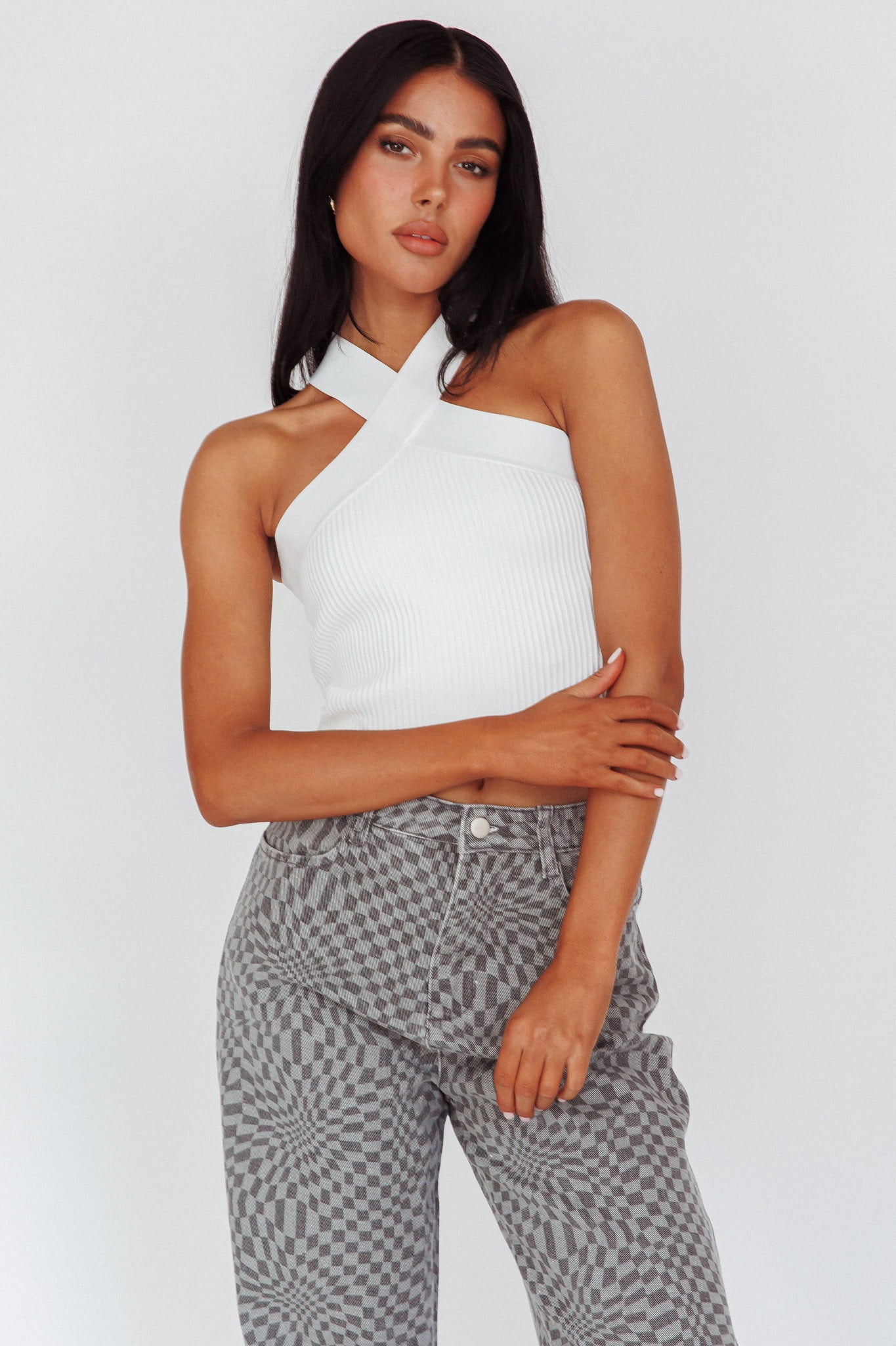 Kansas Crossover Neck Knit Top White by Selfie Leslie