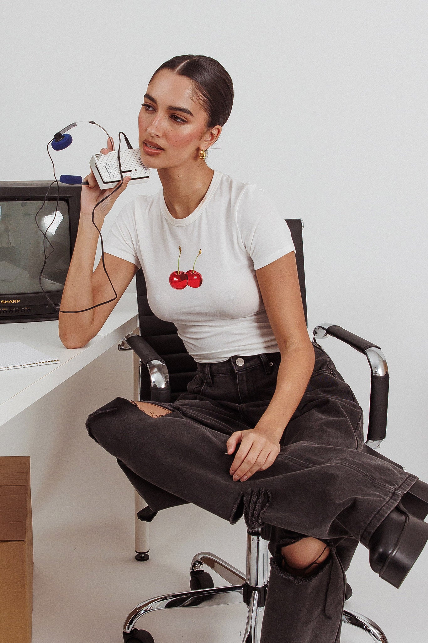 Lanna Cherry Print Baby Tee White by Selfie Leslie