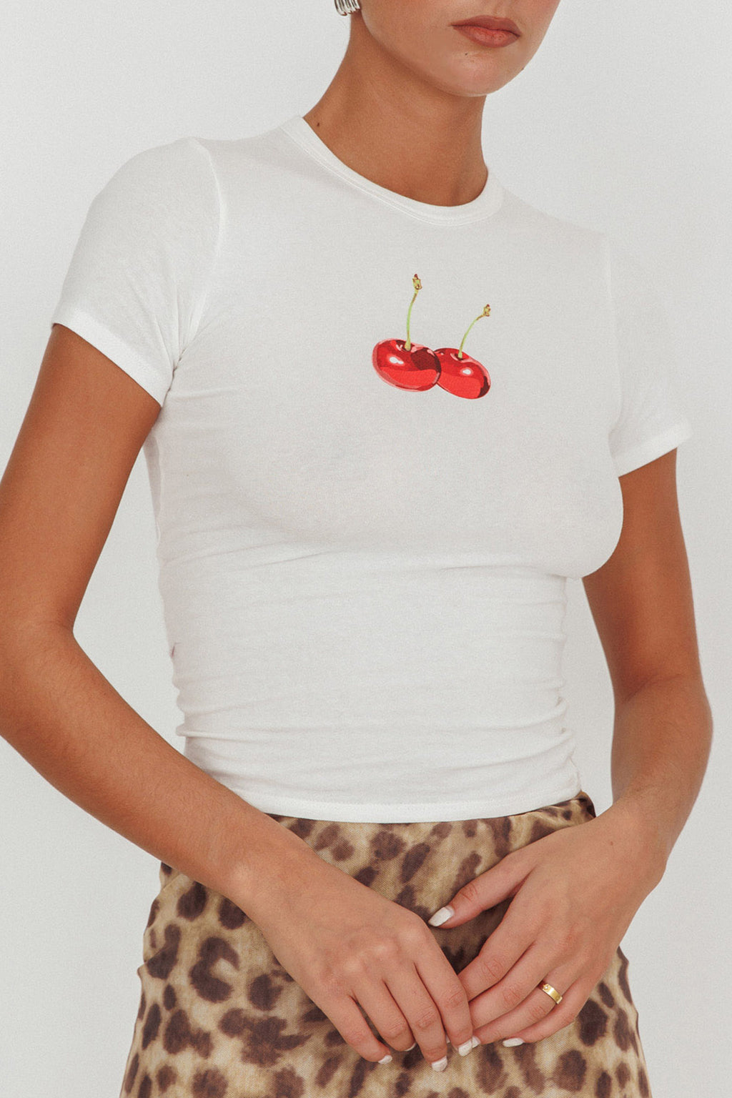 Lanna Cherry Print Baby Tee White by Selfie Leslie