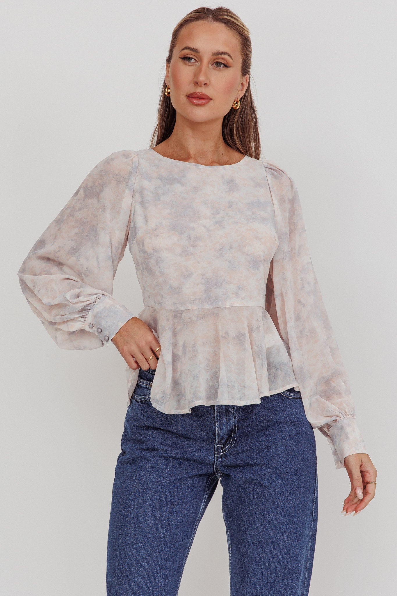 Helix Balloon Sleeves Peplum Top Dusty Blue/Peach by Selfie Leslie